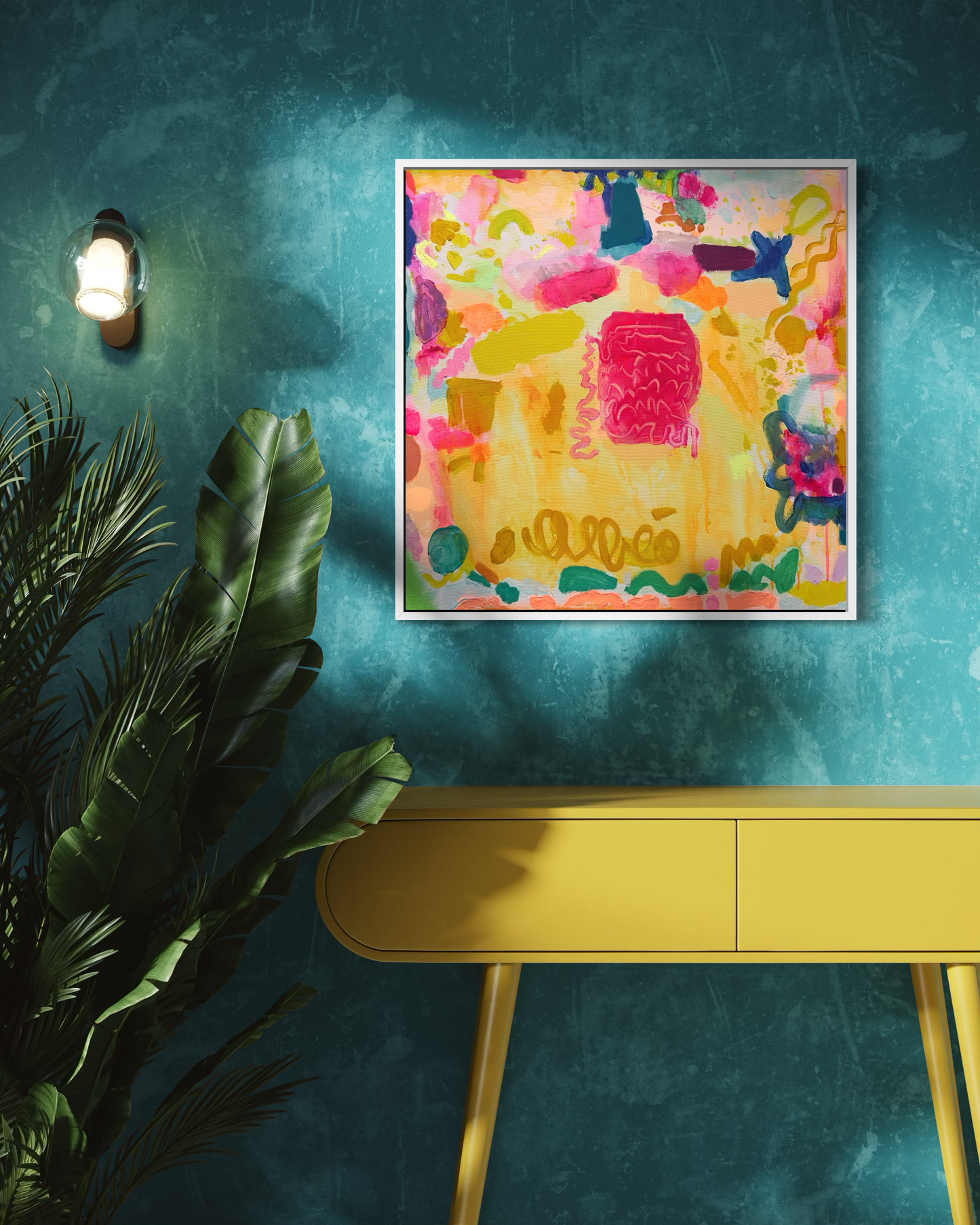 Colorful abstract artwork titled "Sweeties" by Kathryn Sillince, 61cm x 61cm, featuring vibrant shapes and playful patterns.