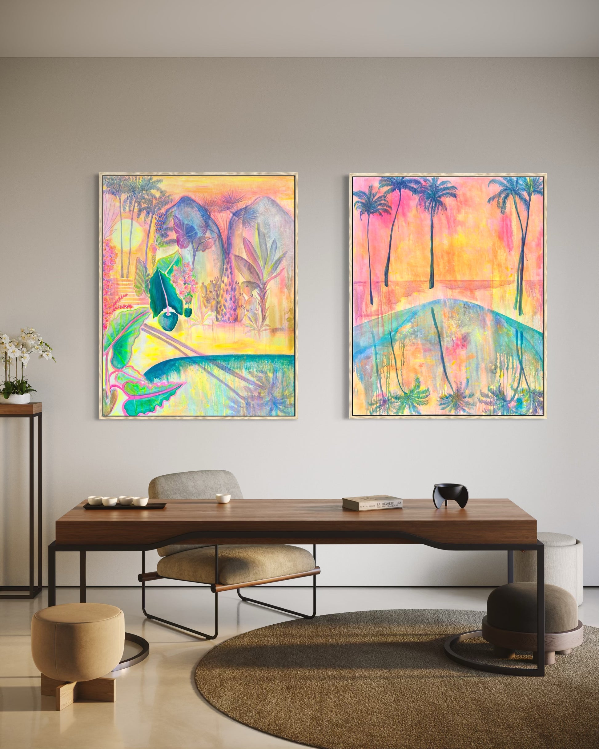 Set of two botanical art prints by Kathryn Sillince featuring tropical twilight and sunset-inspired plant illustrations.