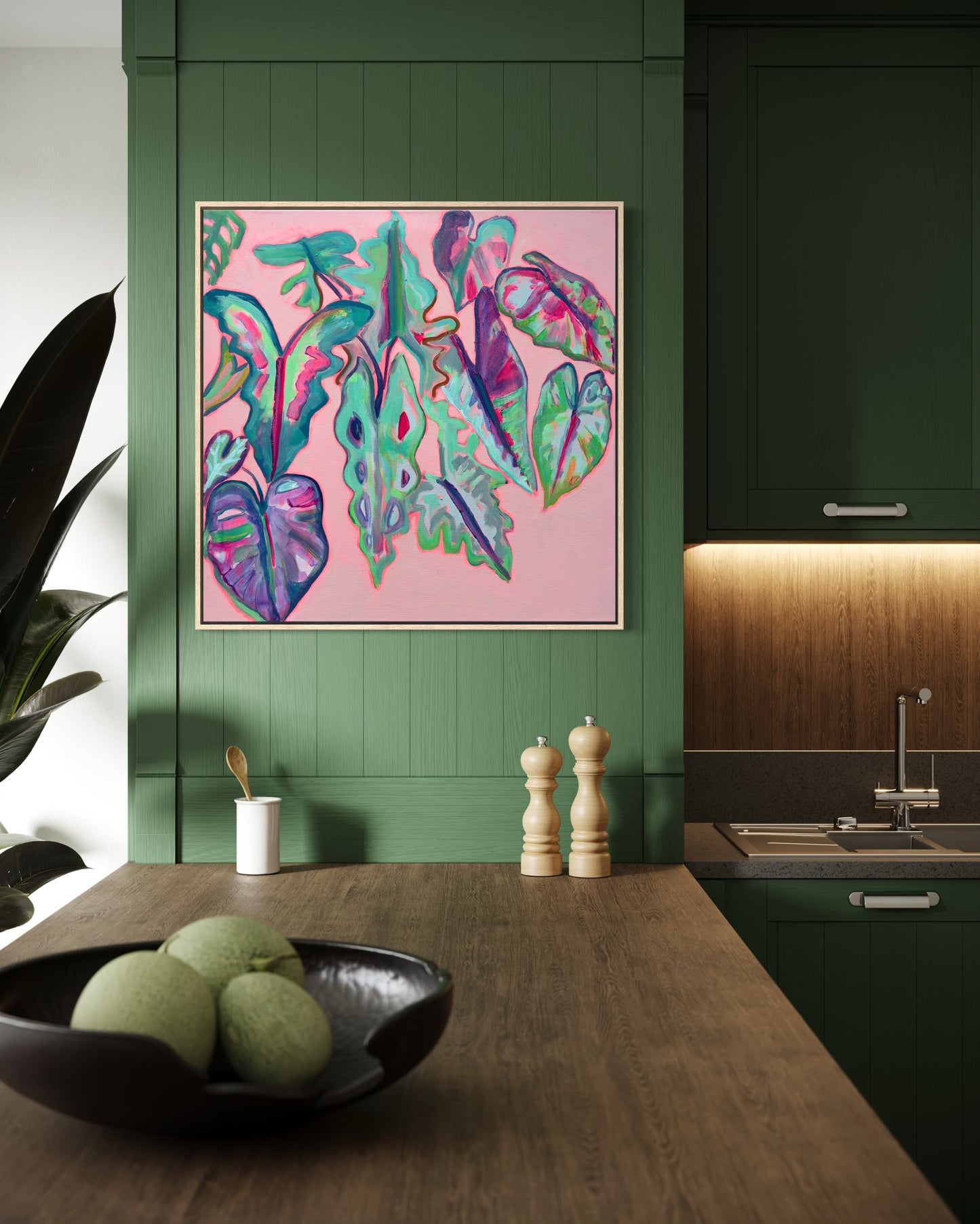 Alocasia Study III artwork by Kathryn Sillince, 82cm x 82cm, featuring detailed botanical illustration of Alocasia plant.