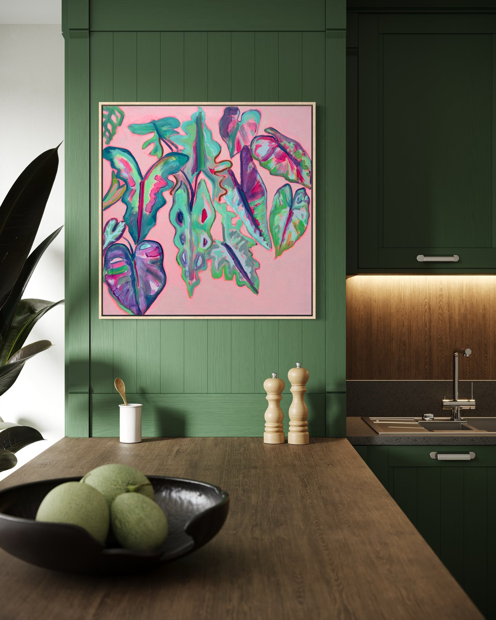 Alocasia Study III artwork by Kathryn Sillince, 82cm x 82cm, featuring detailed botanical illustration of Alocasia plant.