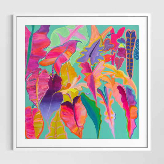 Rainbow Alocasias paper print by Kathryn Sillince Artist showing vibrant, colorful Alocasias leaves on textured paper background.