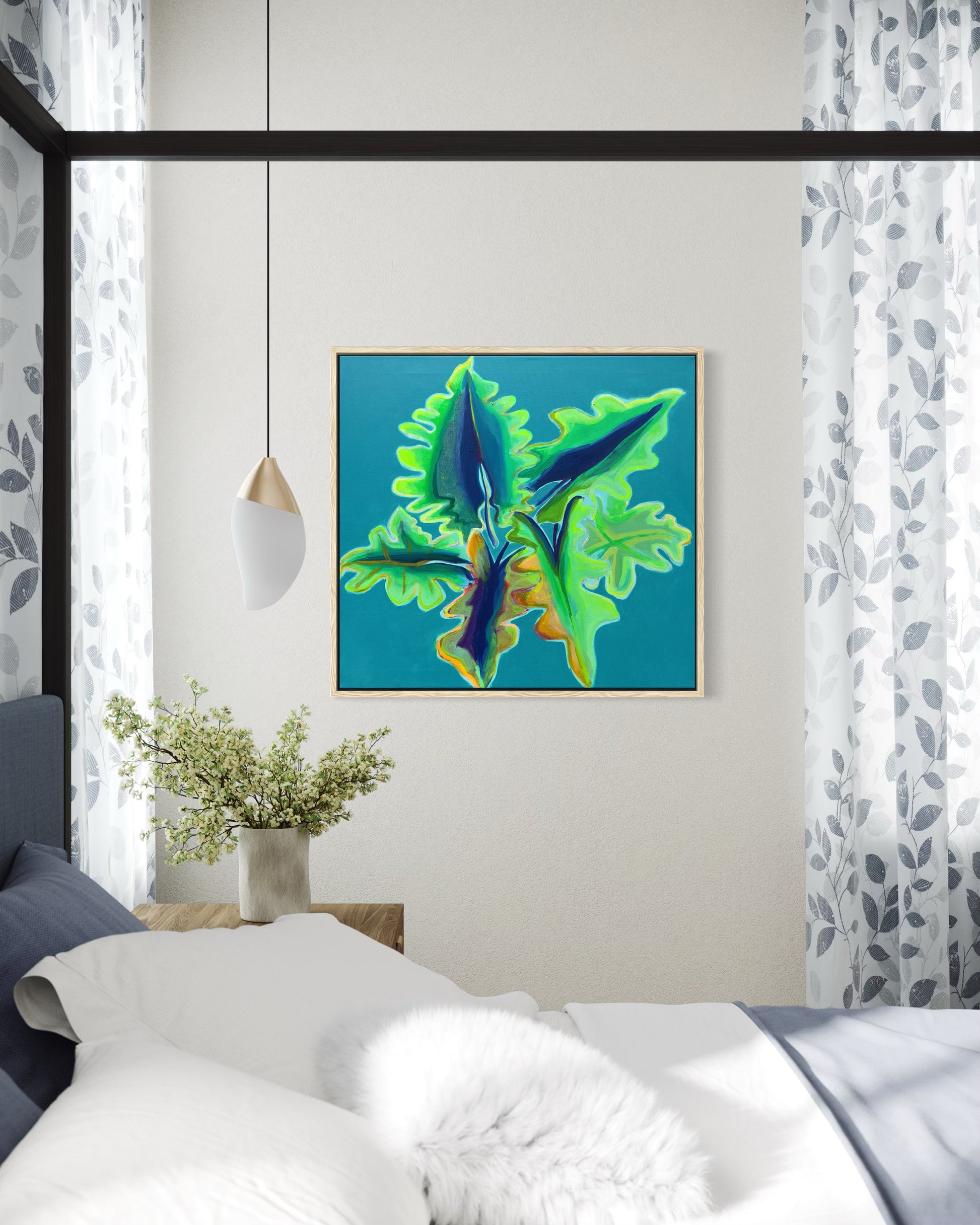 Turquoise and emerald Alocasia study artwork by Kathryn Sillince, 66cm x 71cm, detailed botanical illustration of Alocasia leaves.