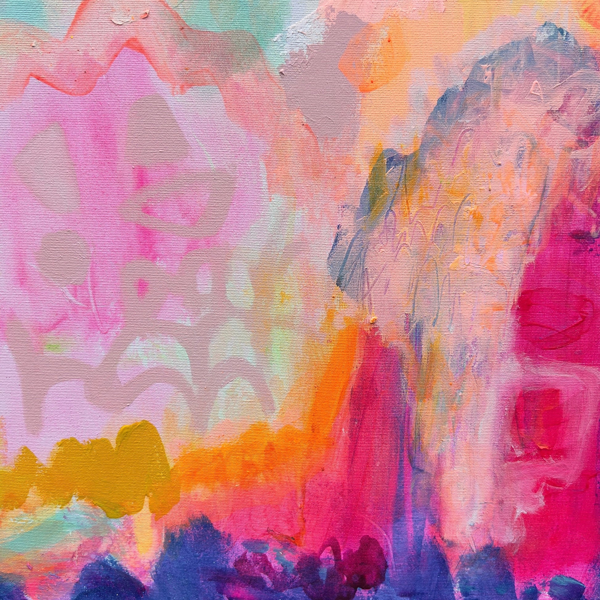 Kathryn Sillince Artist 'Ravishing' 80cm x 80cm abstract artwork featuring vibrant colors and bold brushstrokes.
