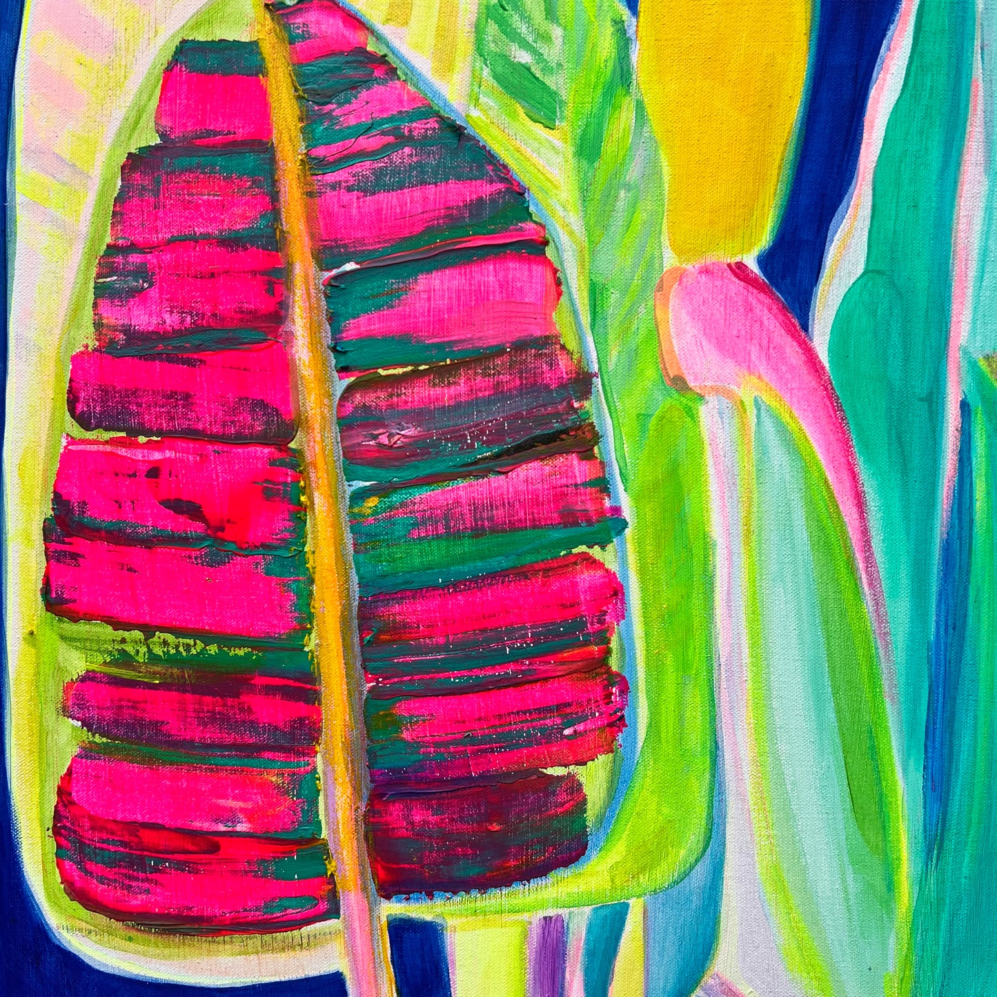 Blue and yellow banana paper print by Kathryn Sillince Artist, featuring vibrant tropical fruit artwork on textured paper.