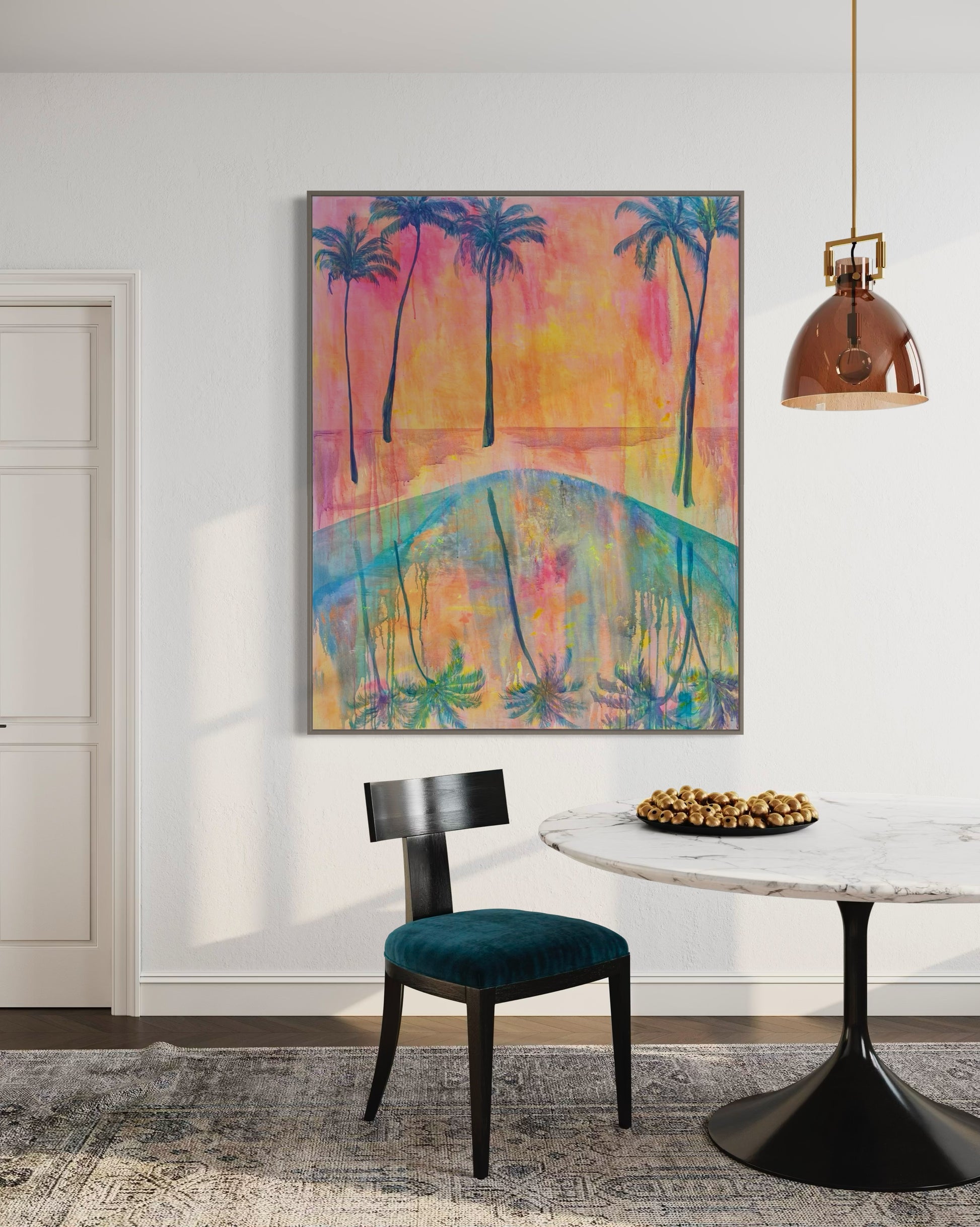 Canvas print titled "Swaying Into Sunset" by Printumo, featuring a vibrant sunset scene with swaying trees on canvas.
