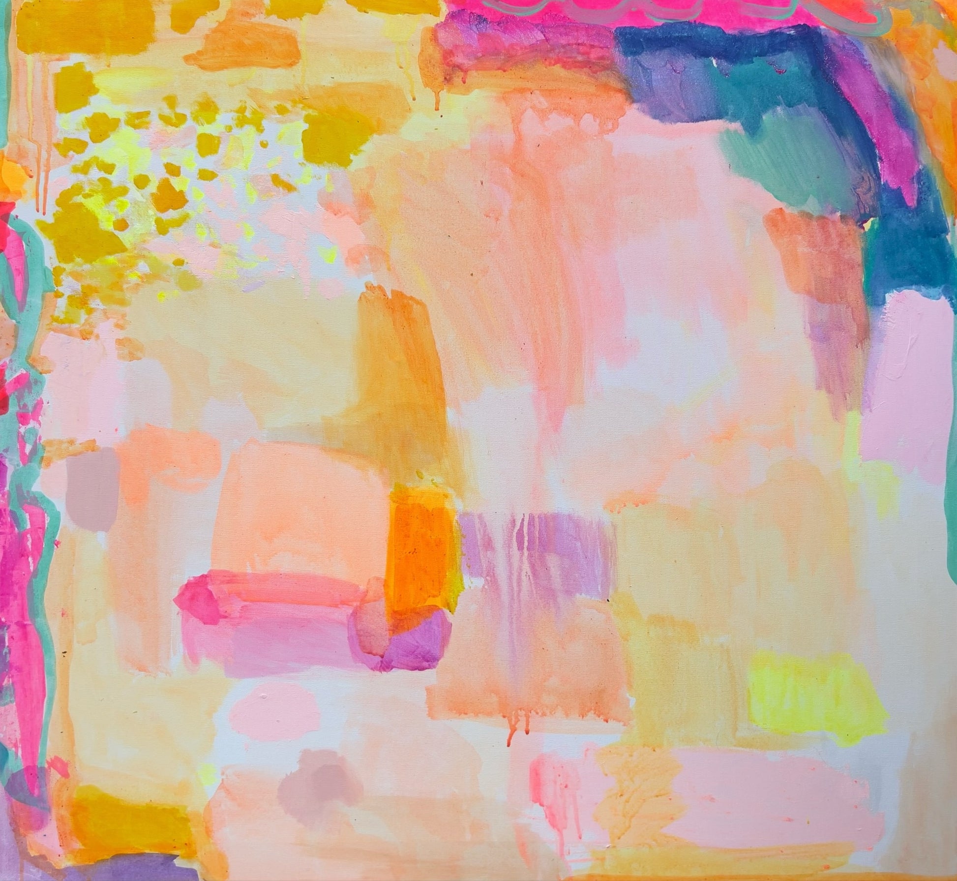 90cm by 90cm Kathryn Sillince Artist print titled "So Many Things To Look Forward To" displayed on a wall.