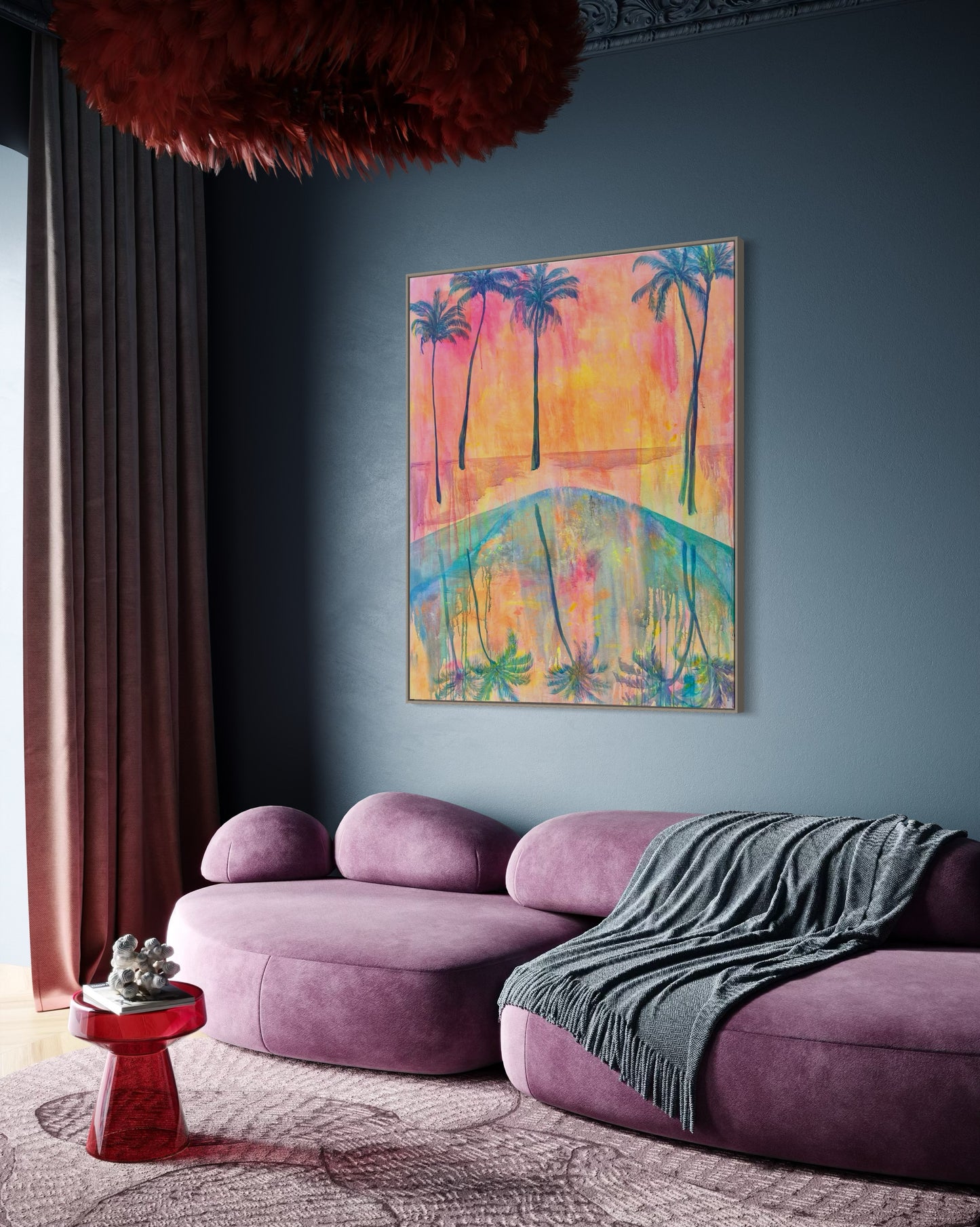 Canvas print titled "Swaying Into Sunset" by Printumo, featuring a serene sunset scene with silhouetted trees.