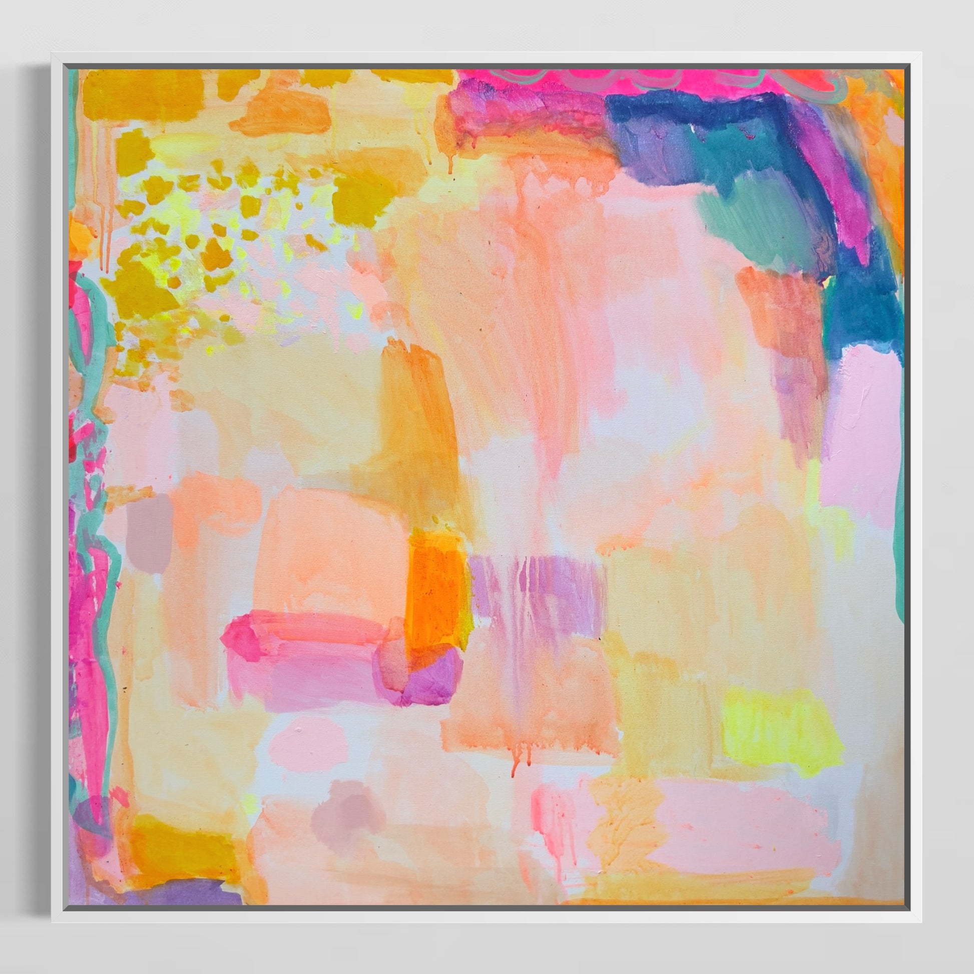 Kathryn Sillince Artist framed artwork titled "So Many Things To Look Forward To," 90cm by 90cm, featuring vibrant abstract design.