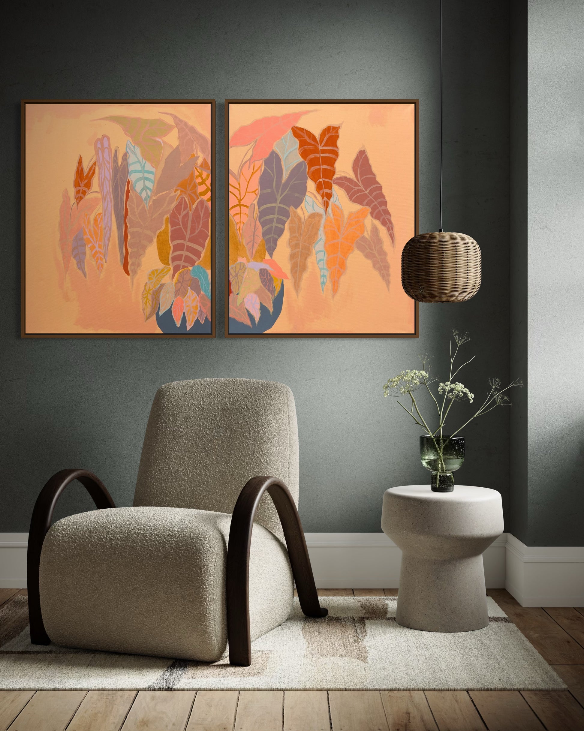 Burnt coral Alocasia and Begonia diptych painting by Kathryn Sillince, 83cm x 67cm, featuring vibrant botanical artwork.