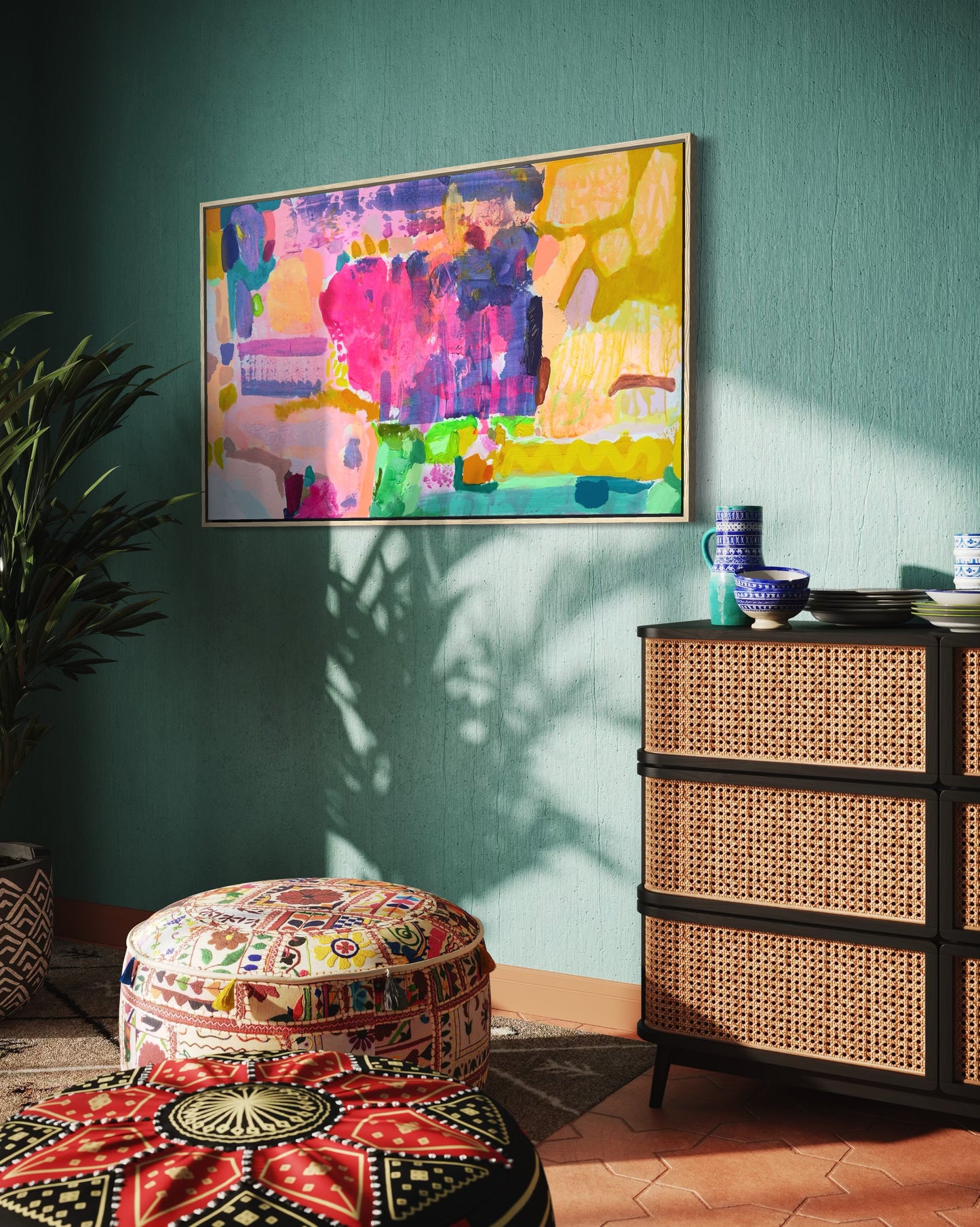 Colorful hotdog artwork by Kathryn Sillince Artist, 102cm x 61.5cm, featuring vibrant abstract design on canvas.