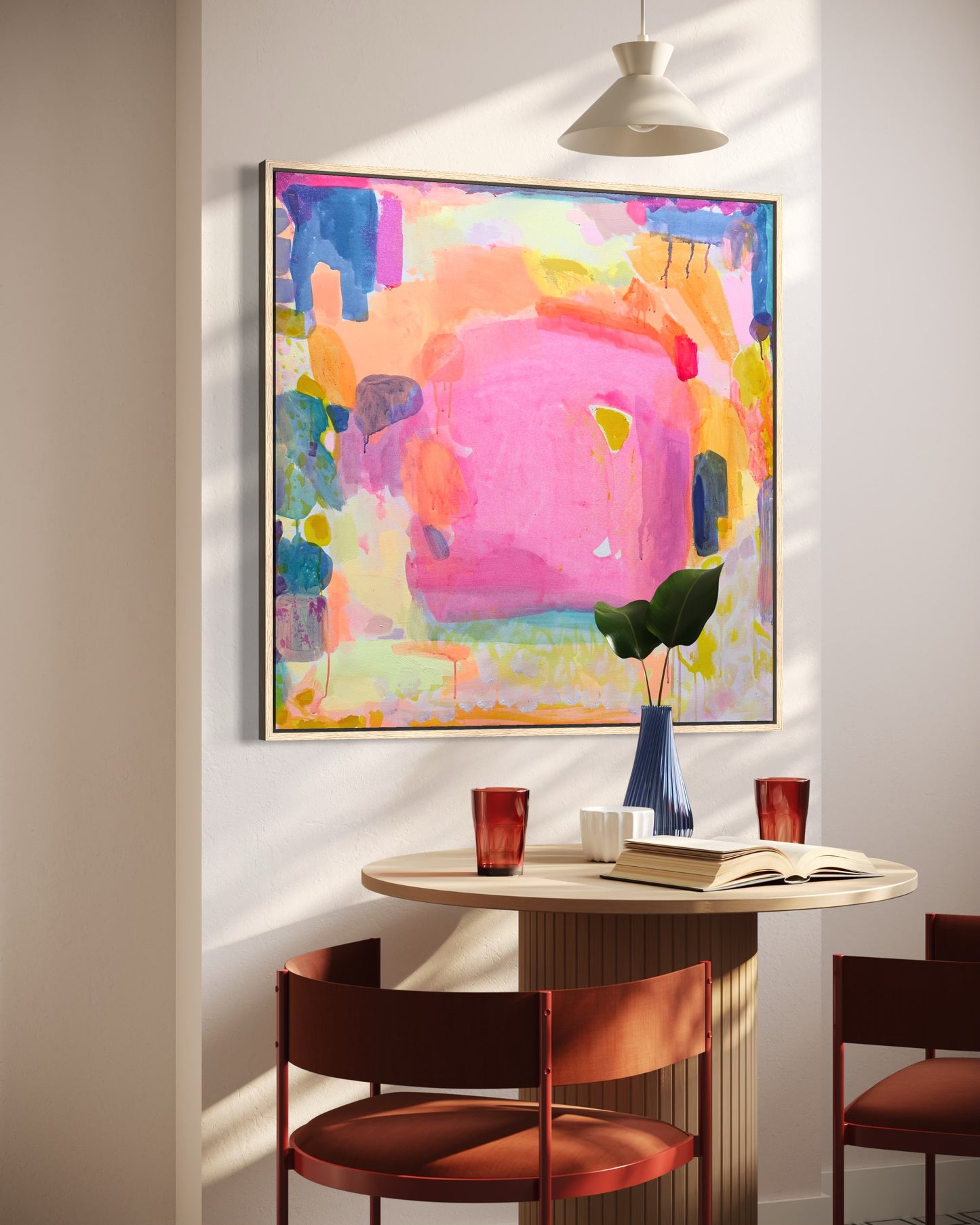 Close-up of Kathryn Sillince Artist's "A Beautiful Demeanour" 92cm x 92cm artwork showcasing vibrant colors and intricate brushstrokes.