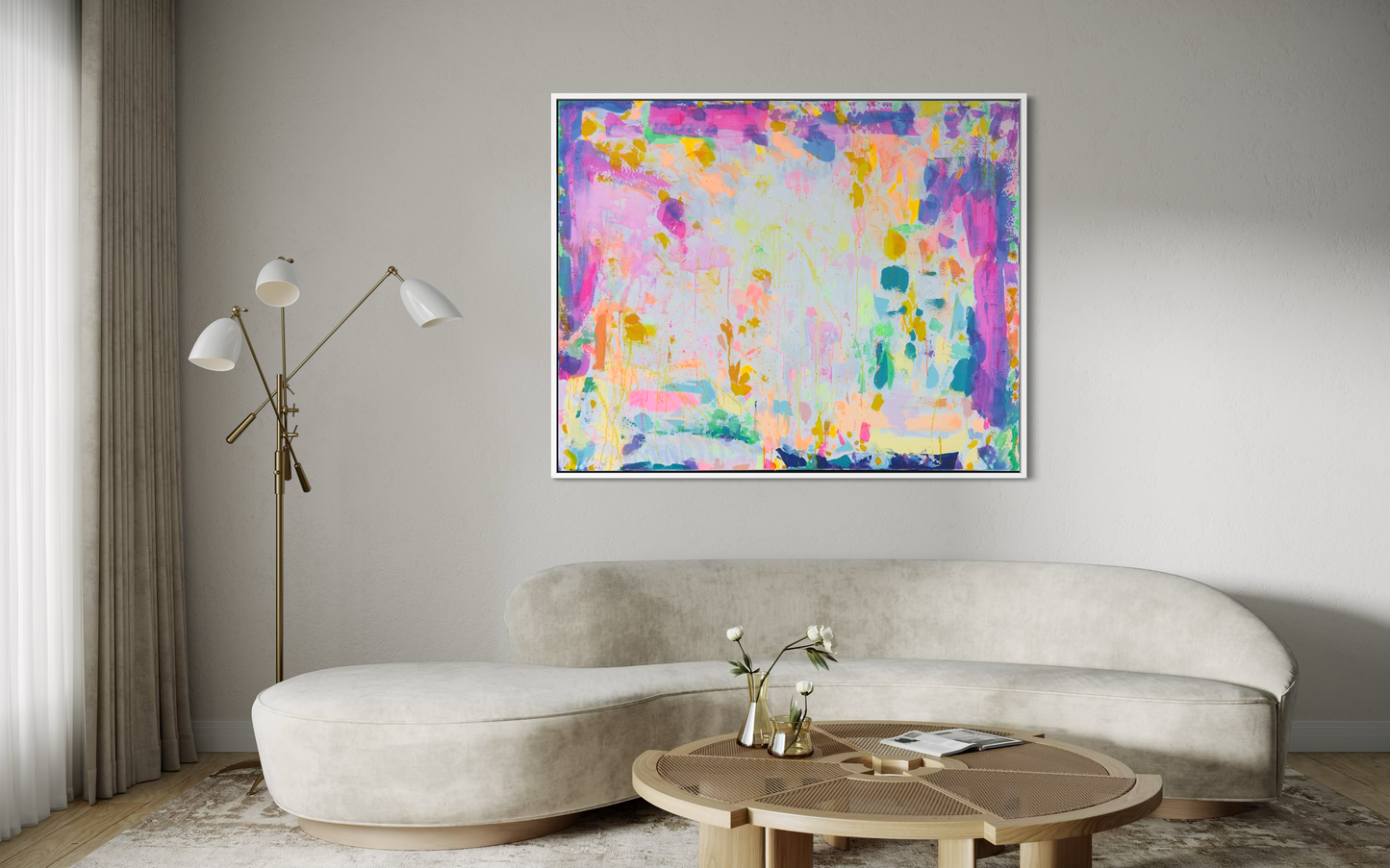 Large 'Eternal Optimism' painting by Kathryn Sillince Artist, featuring vibrant abstract art on canvas, measuring 153cm by 123cm.
