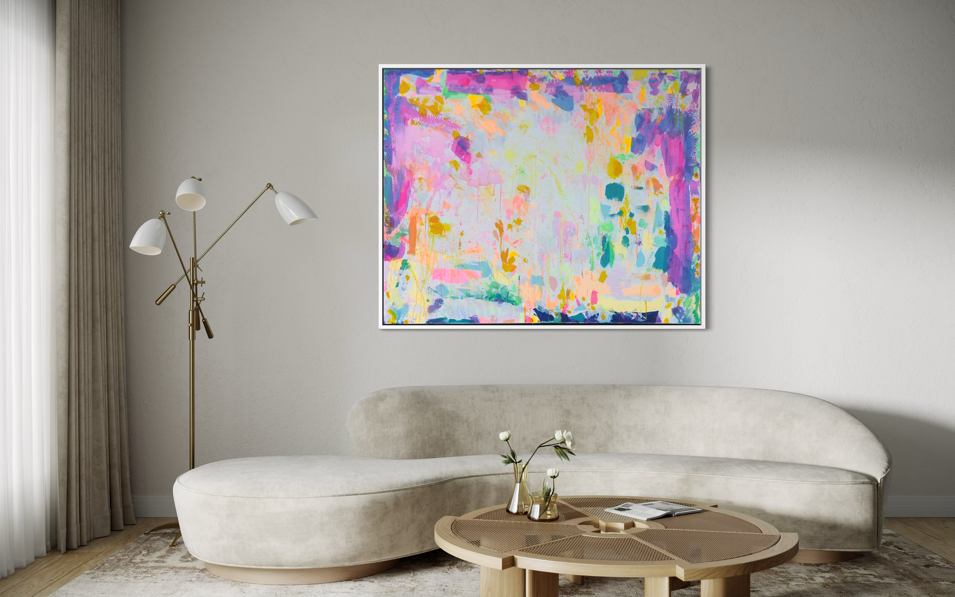 Large 'Eternal Optimism' painting by Kathryn Sillince Artist, featuring vibrant abstract art on canvas, measuring 153cm by 123cm.