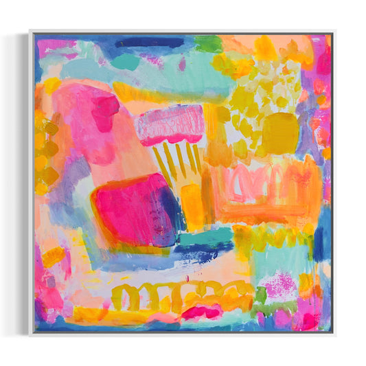 Kathryn Sillince Artist's 'Zenith of Summer' 80cm x 80cm abstract painting with vibrant colors and textured brushstrokes.