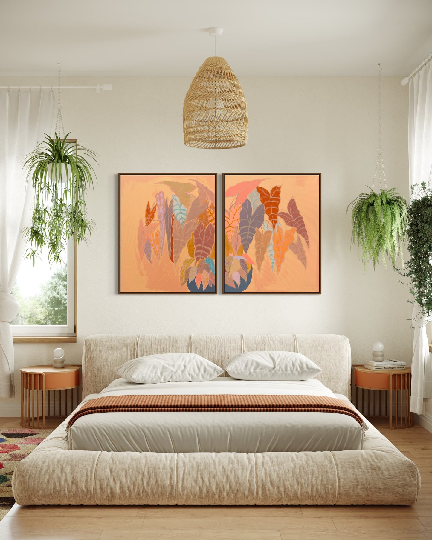 Burnt Coral Alocasia and Begonia diptych artwork by Kathryn Sillince, 83cm x 67cm, showcasing vibrant botanical illustrations.