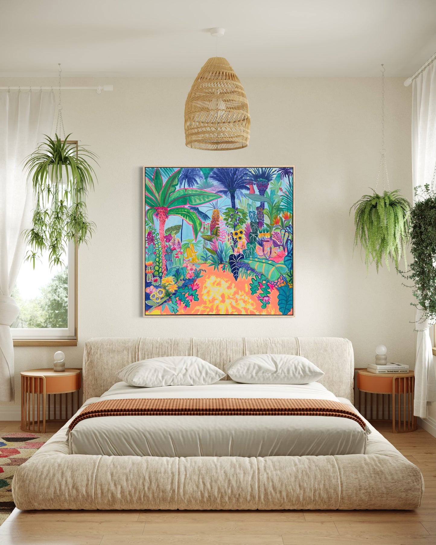 Colorful floral artwork from Kathryn Sillince Artist titled Paradise Gardens, 122cm x 122cm, vibrant garden scene with lush flowers.
