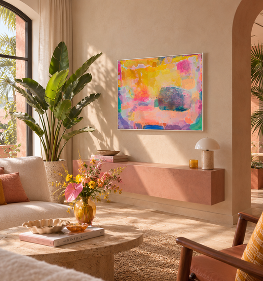 Summer Electric artwork by Kathryn Sillince, 122cm x 92cm, vibrant abstract painting with bold colors and dynamic brushstrokes.