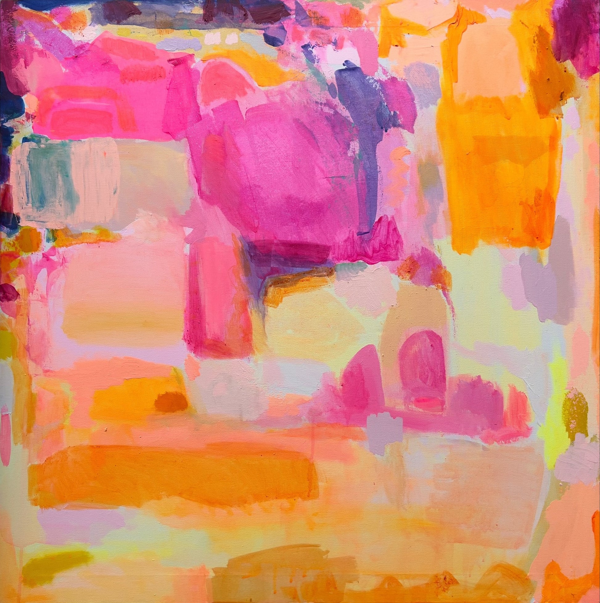 Sunbeams and Daydreams by Kathryn Sillince Artist, 92cm x 92cm abstract artwork with warm sunlit colors and dreamy landscape elements.