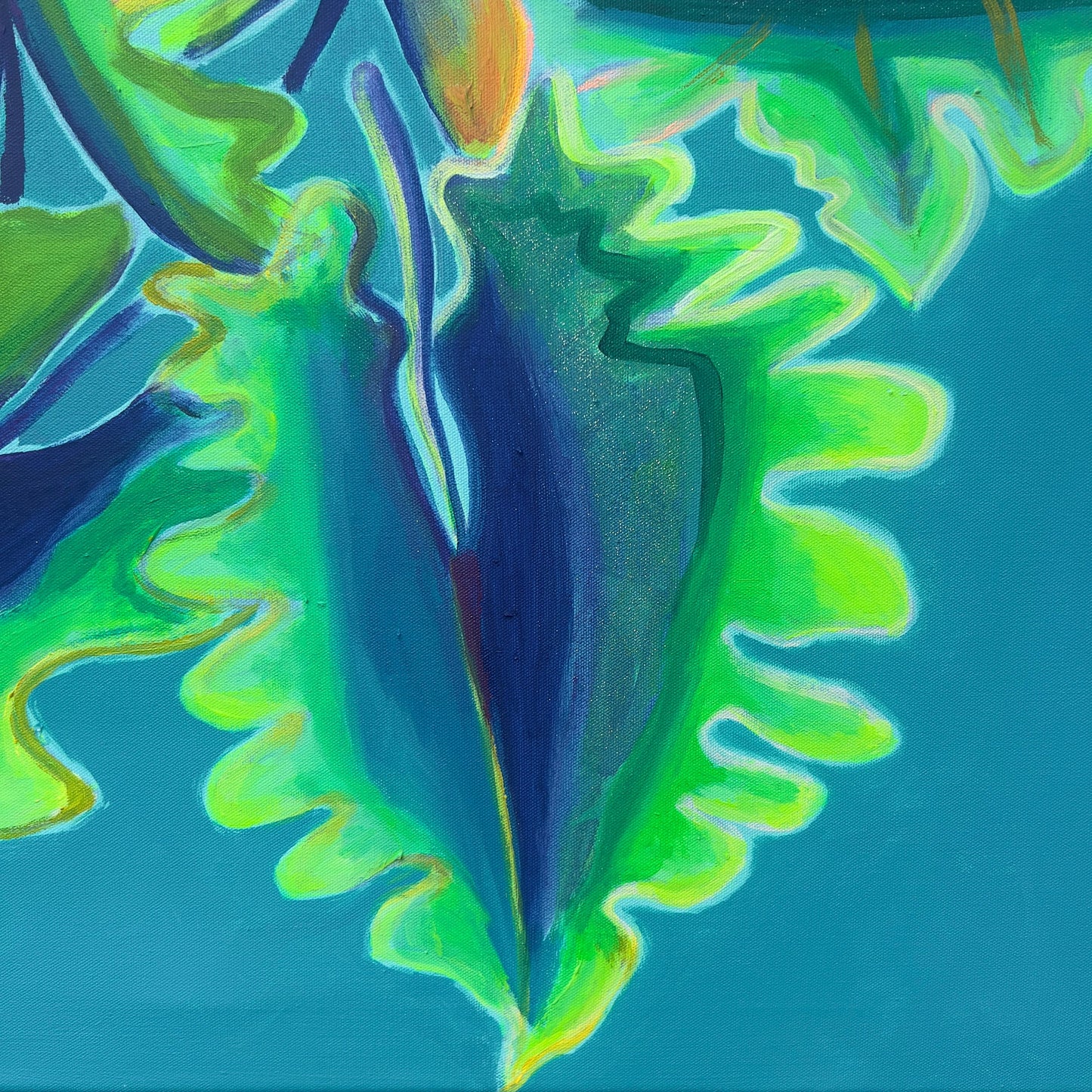 Turquoise and emerald Alocasia study artwork by Kathryn Sillince, measuring 66cm by 71cm, featuring vibrant plant details.
