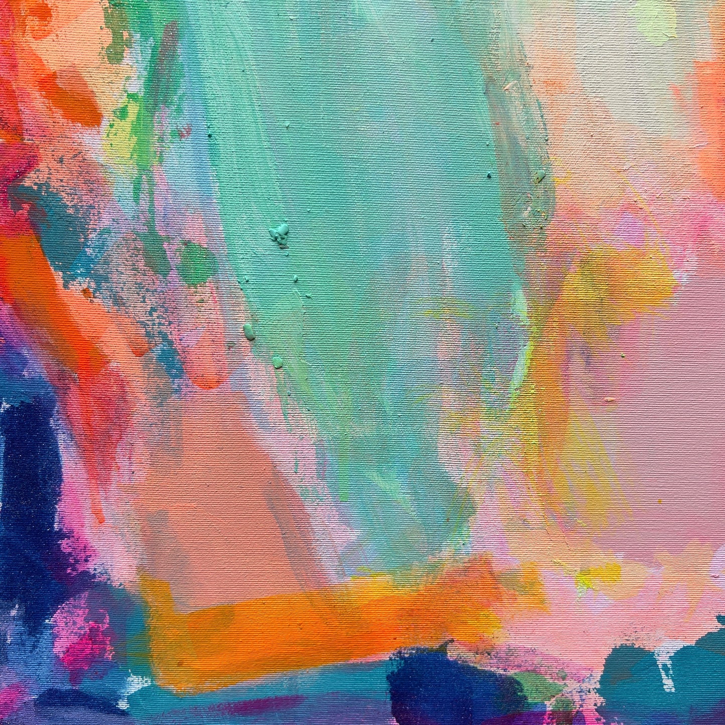 Summer Loving artwork by Kathryn Sillince, 80cm x 80cm, featuring vibrant, colorful abstract floral design on canvas.