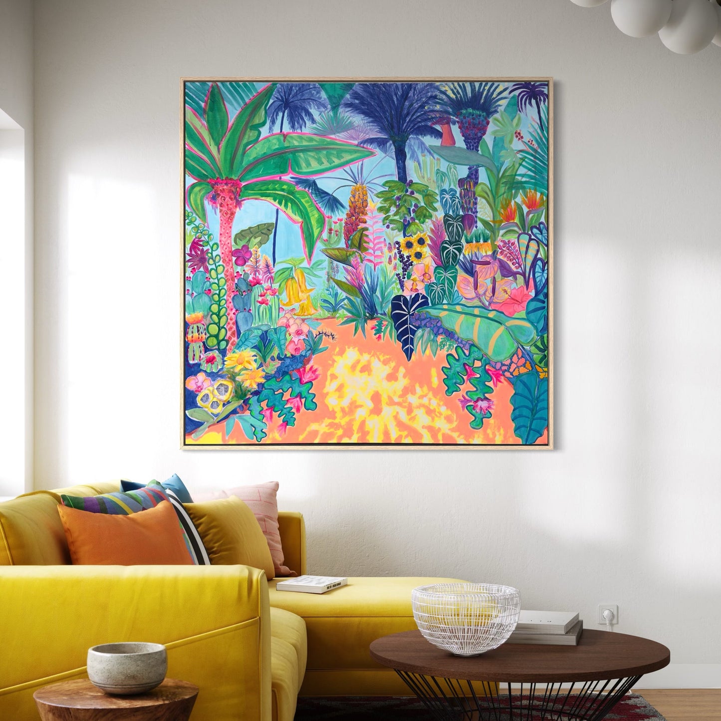 Kathryn Sillince Artist Paradise Gardens 122cm x 122cm artwork featuring vibrant floral and garden scene in vivid colors.
