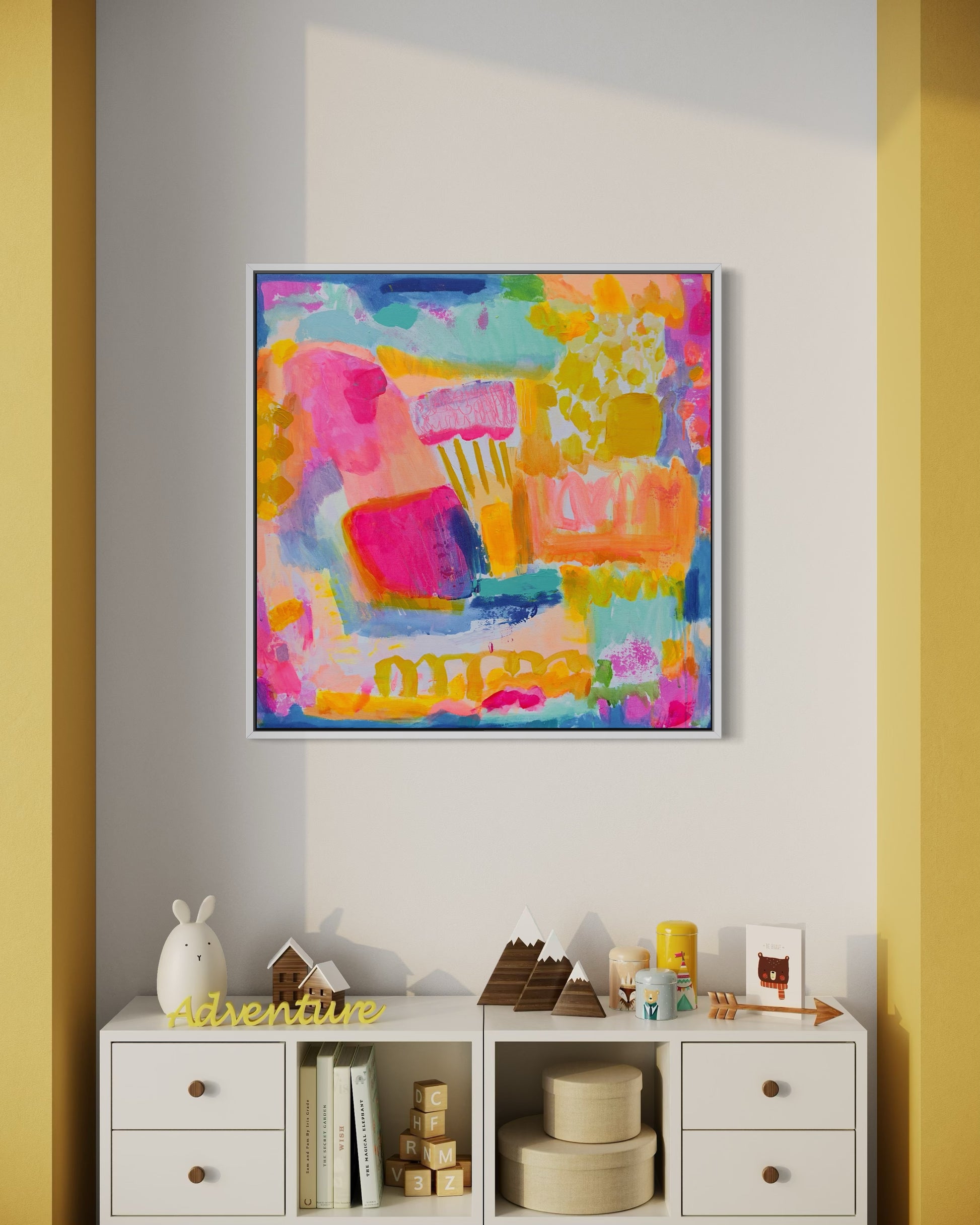 Kathryn Sillince Artist's 'Zenith of Summer' 80cm x 80cm abstract artwork with vibrant colors and textured brushstrokes.