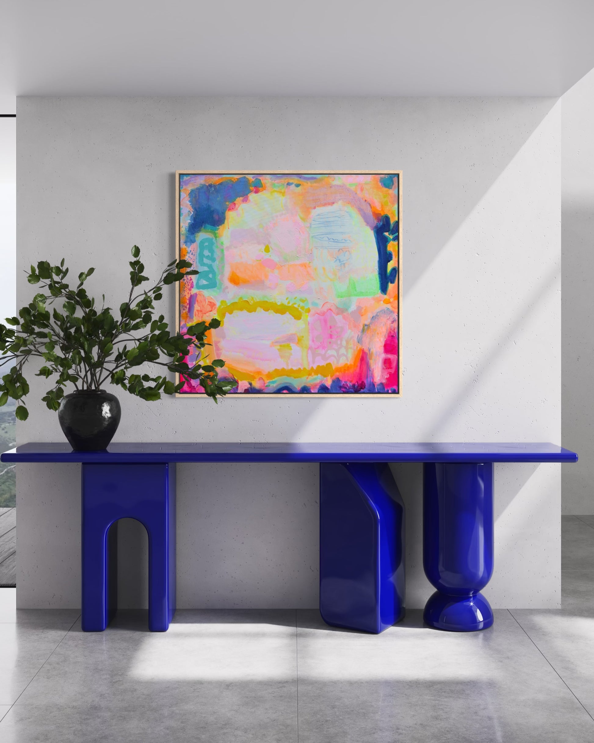 Kathryn Sillince Artist 'Ravishing' 80cm x 80cm abstract artwork with vibrant colors and bold brushstrokes.