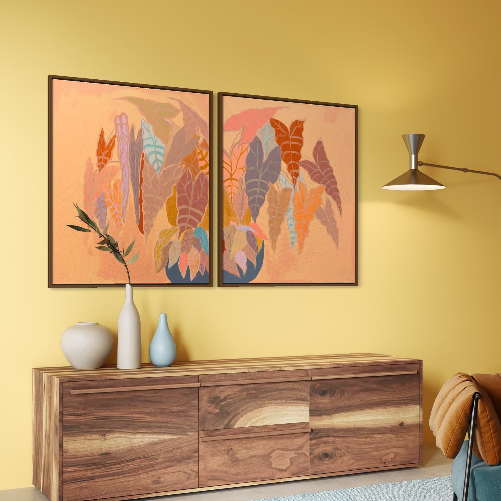 Burnt Coral Alocasia and Begonia diptych artwork by Kathryn Sillince, 83cm x 67cm, featuring vibrant botanical illustrations.
