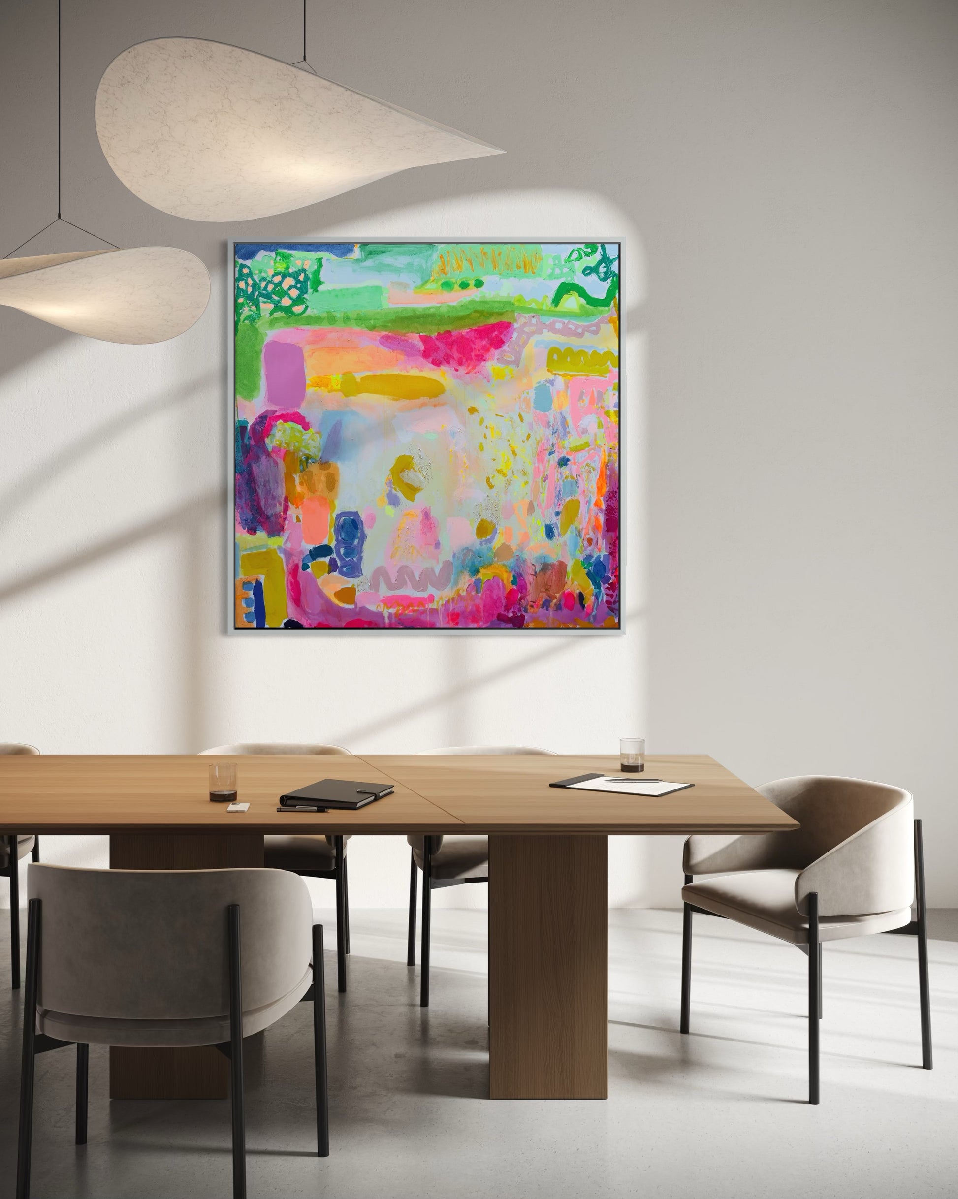 Close-up of Kathryn Sillince Artist's 'The Time Of Our Lives' 122cm x 122cm artwork, showcasing vibrant colors and abstract patterns.