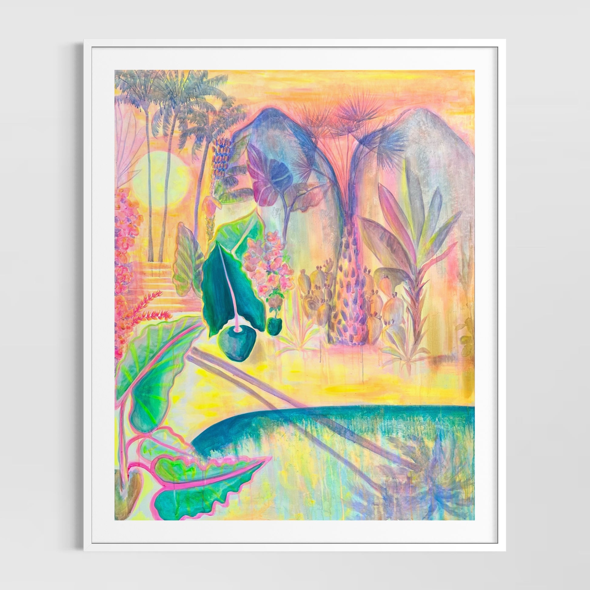 Colorful paper print titled "Twilight Tropics" by Kathryn Sillince Artist, showcasing vibrant tropical landscape artwork.