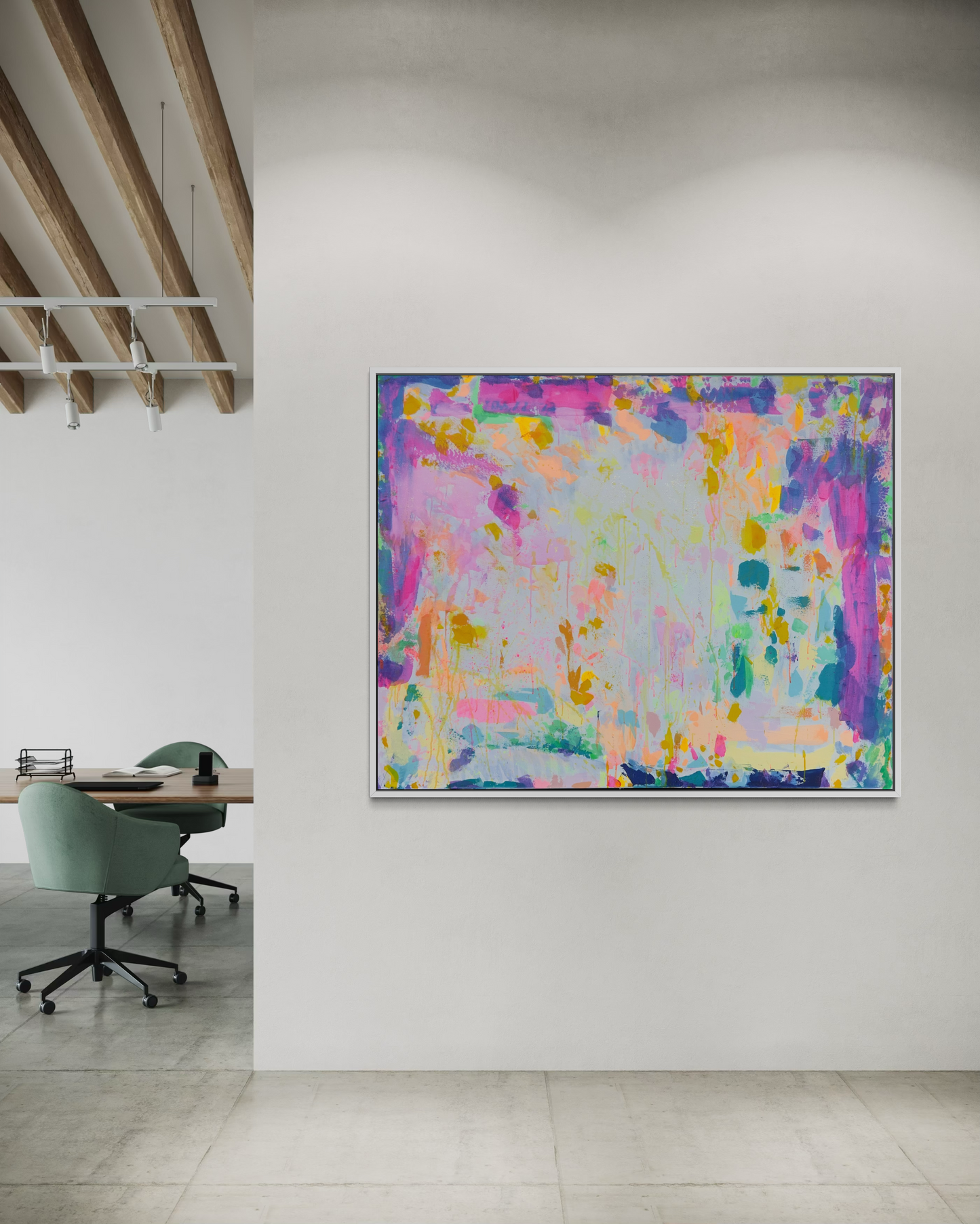 Large artwork titled ‘Eternal Optimism’ by Kathryn Sillince, featuring vibrant colors and abstract floral design, 153cm by 123cm.