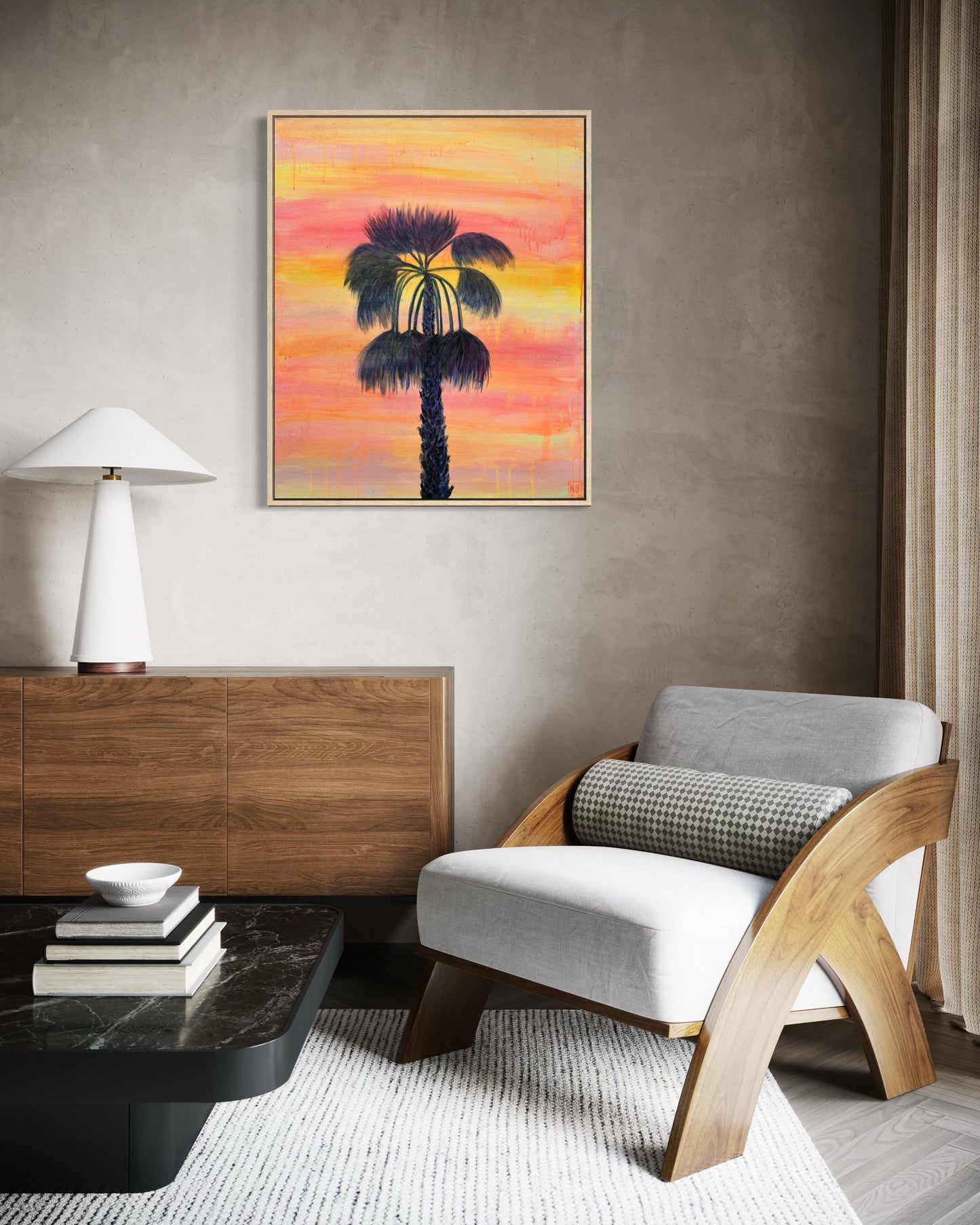 Sunset Solitude artwork by Kathryn Sillince, 66cm x 81cm, featuring a serene sunset scene with vibrant colors and tranquil landscape.