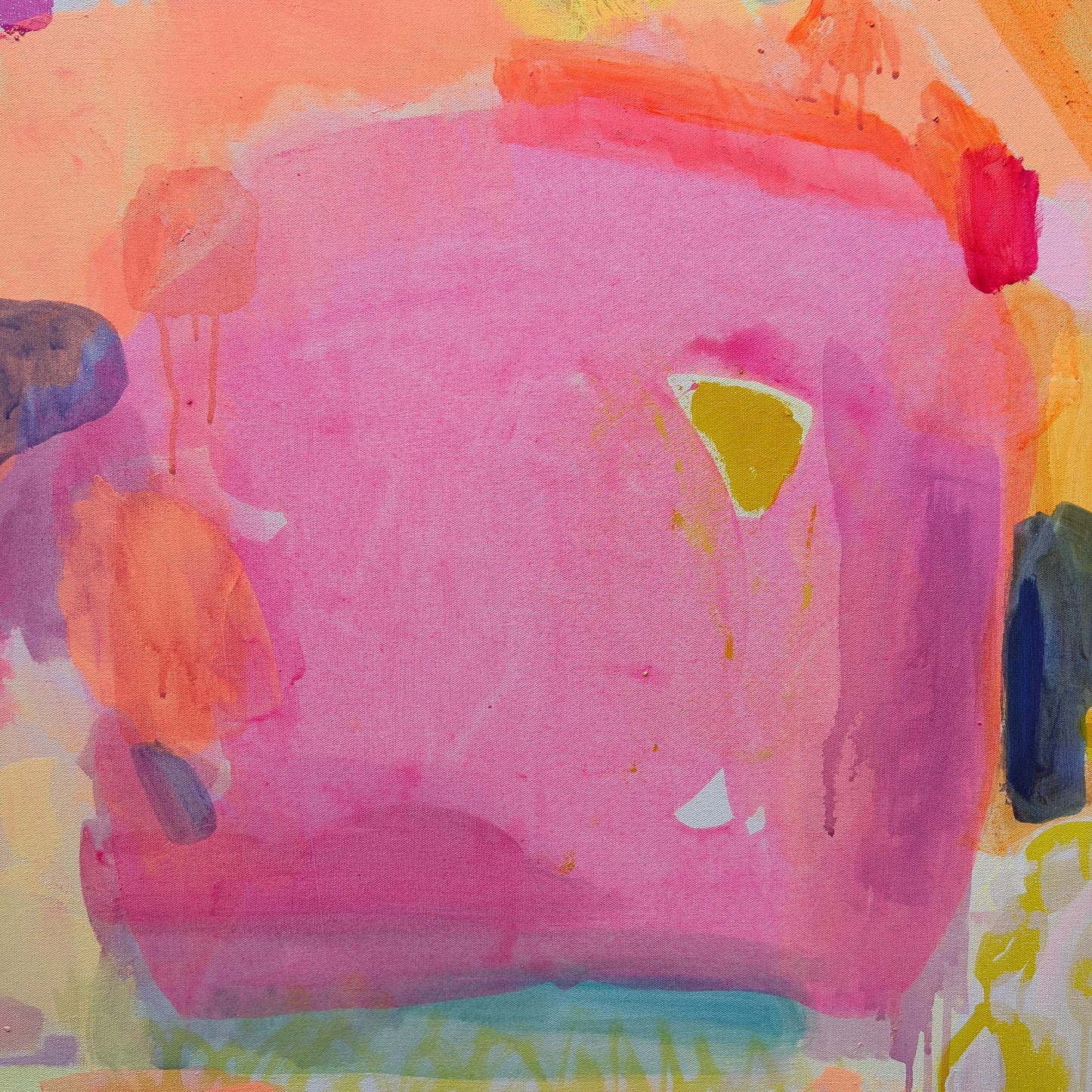 Close-up of "A Beautiful Demeanour" artwork by Kathryn Sillince, showcasing vibrant colors and intricate brushwork on a 92cm x 92cm canvas.