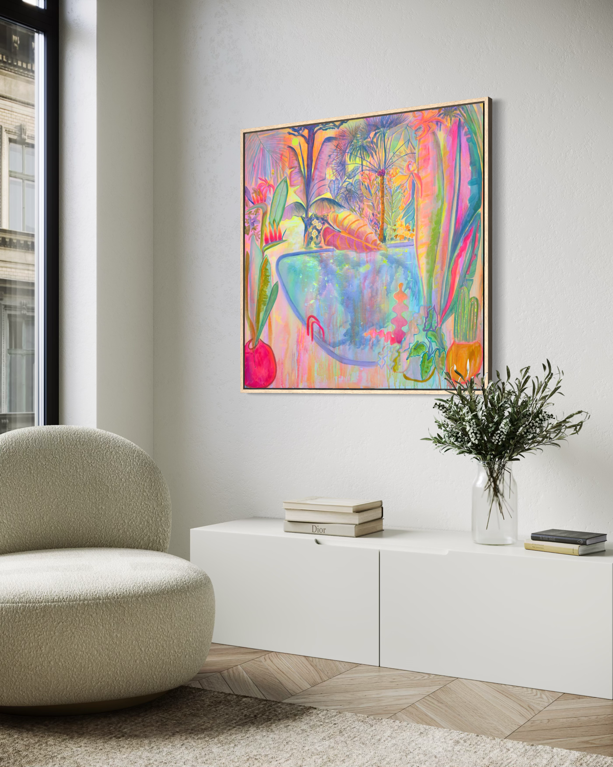 ‘Irridescent Skies = Languid Poolside’. 102cm x 102cm - Kathryn Sillince Artist