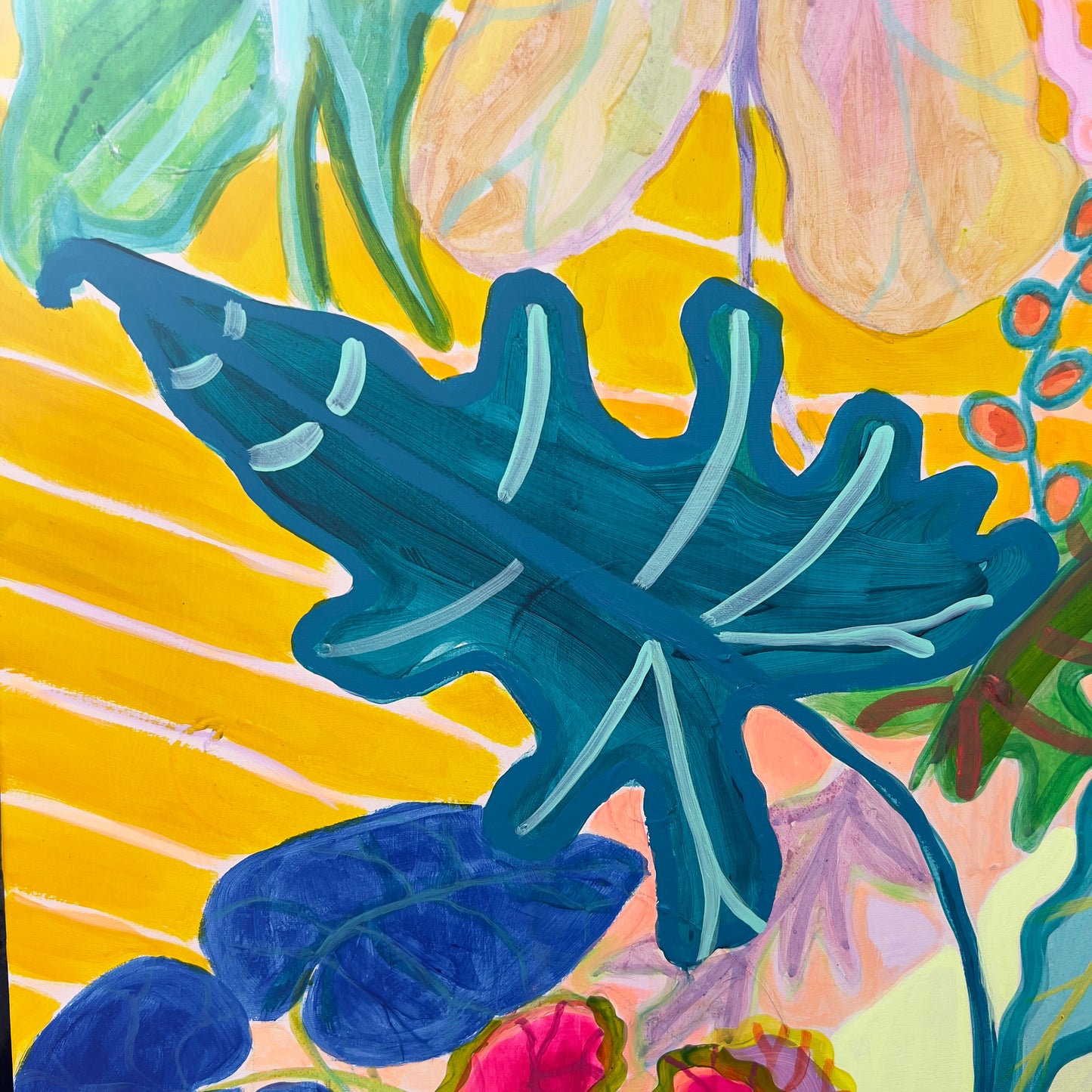 Colorful paper print titled "The Yellow Shutter" by Kathryn Sillince Artist, featuring vibrant yellow shutters and artistic details.