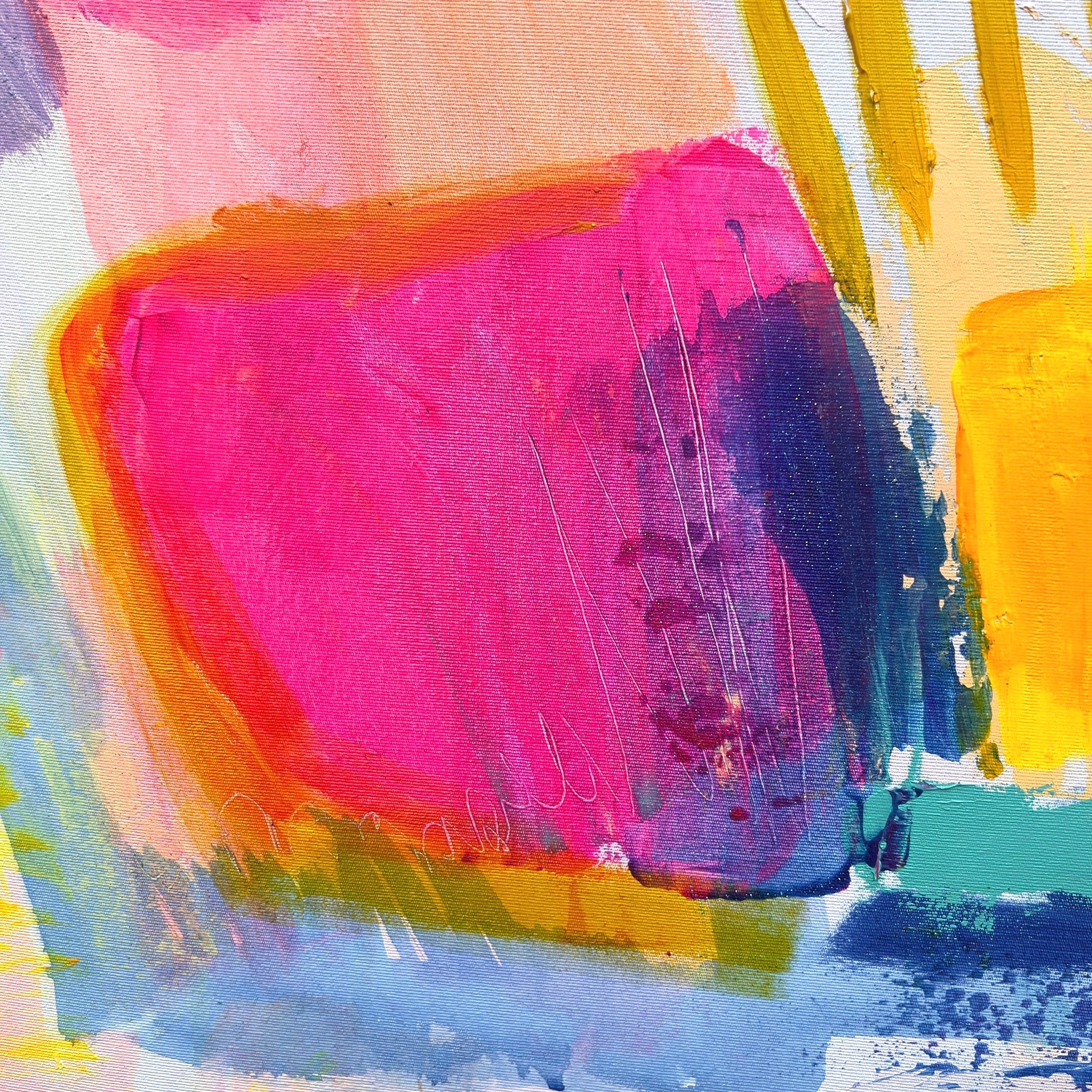 Kathryn Sillince Artist's "Zenith of Summer" 80cm x 80cm abstract art with vibrant colors and textured brushstrokes on canvas.