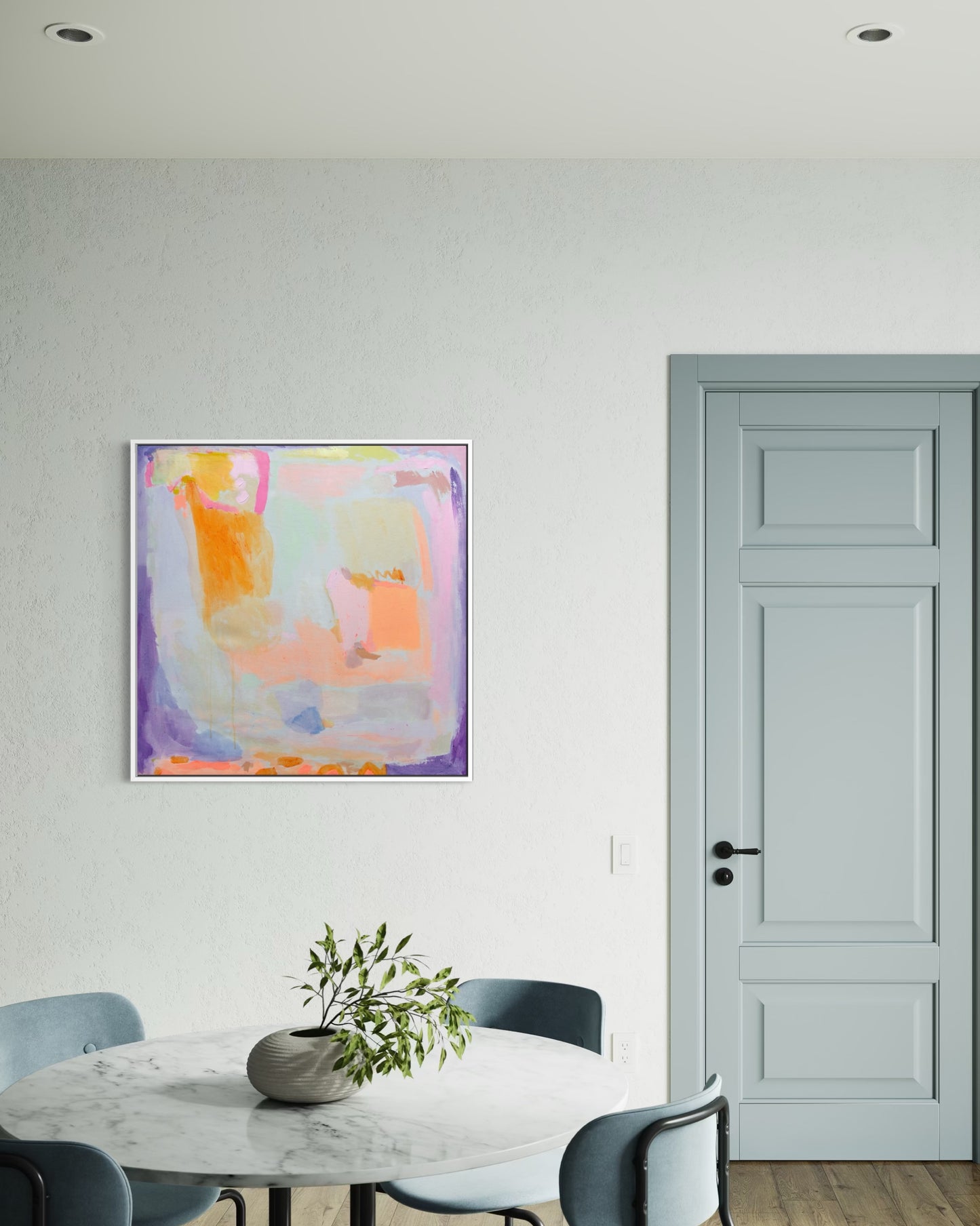Vivid orange and purple haze abstract artwork by Kathryn Sillince, 92cm x 92cm, featuring bold colors and dynamic brushstrokes.