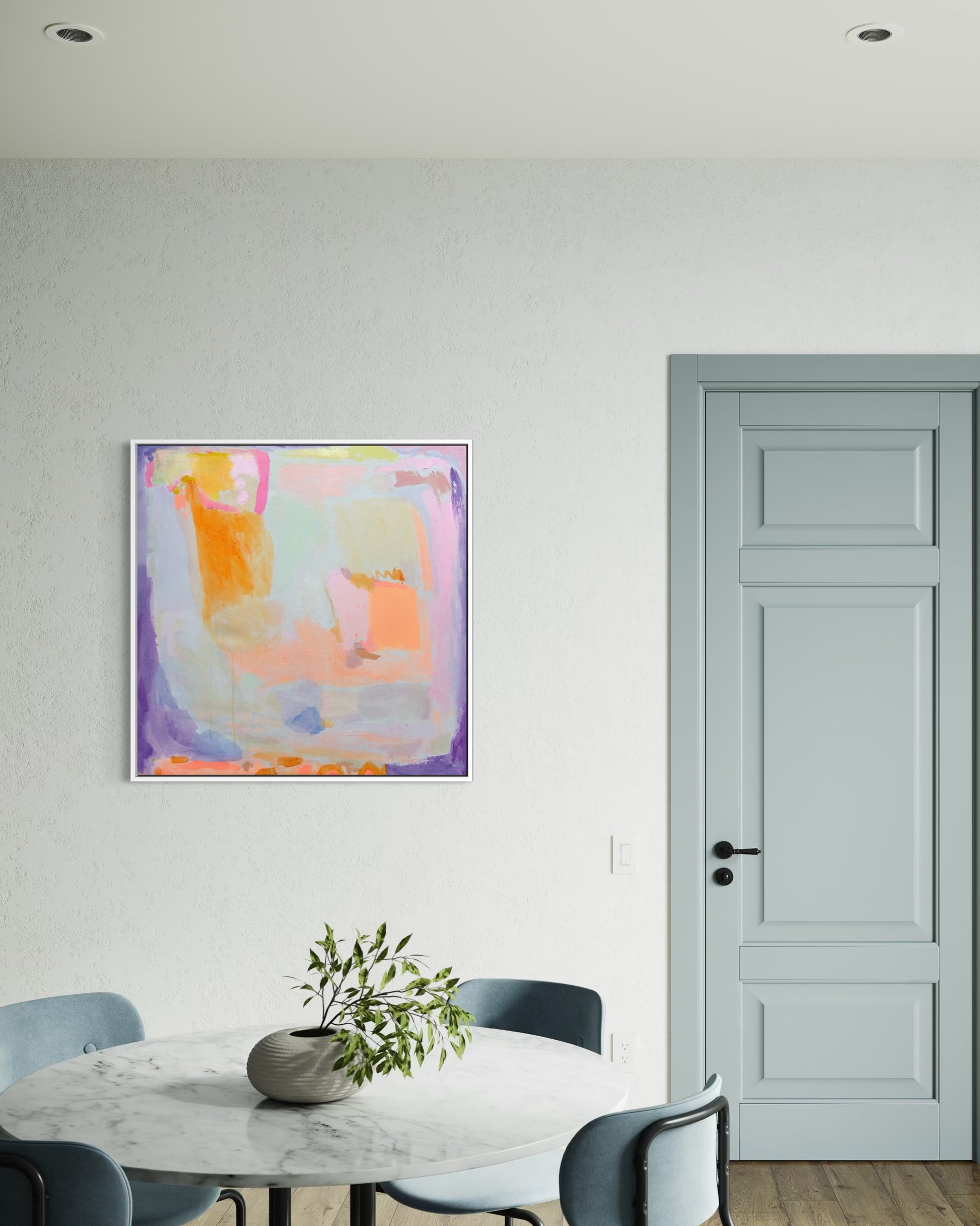 Vivid orange and purple haze abstract artwork by Kathryn Sillince, 92cm x 92cm, featuring bold colors and dynamic brushstrokes.