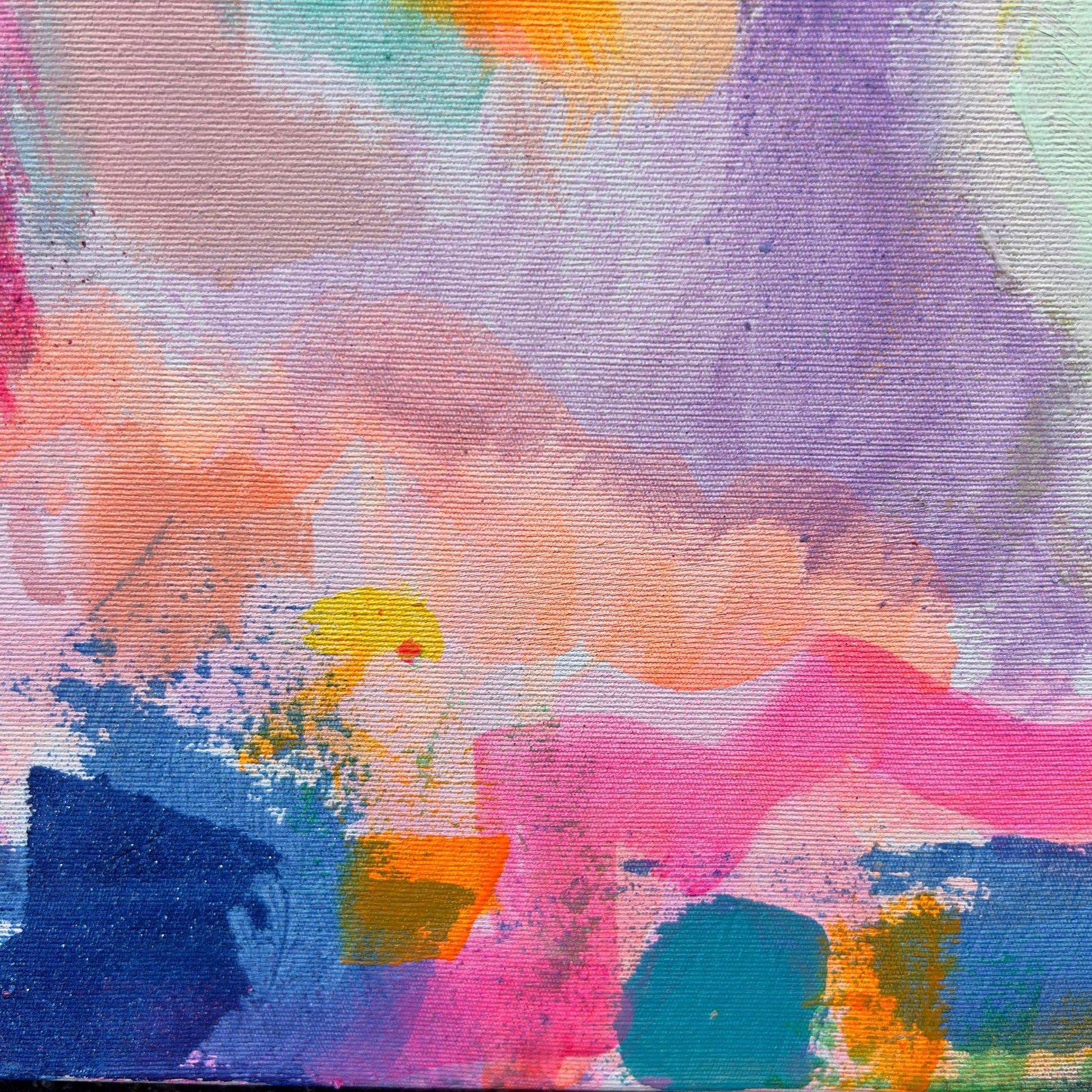 Kathryn Sillince Artist's 'Summer Loving' 80cm x 80cm abstract art print on canvas with vibrant warm tones.