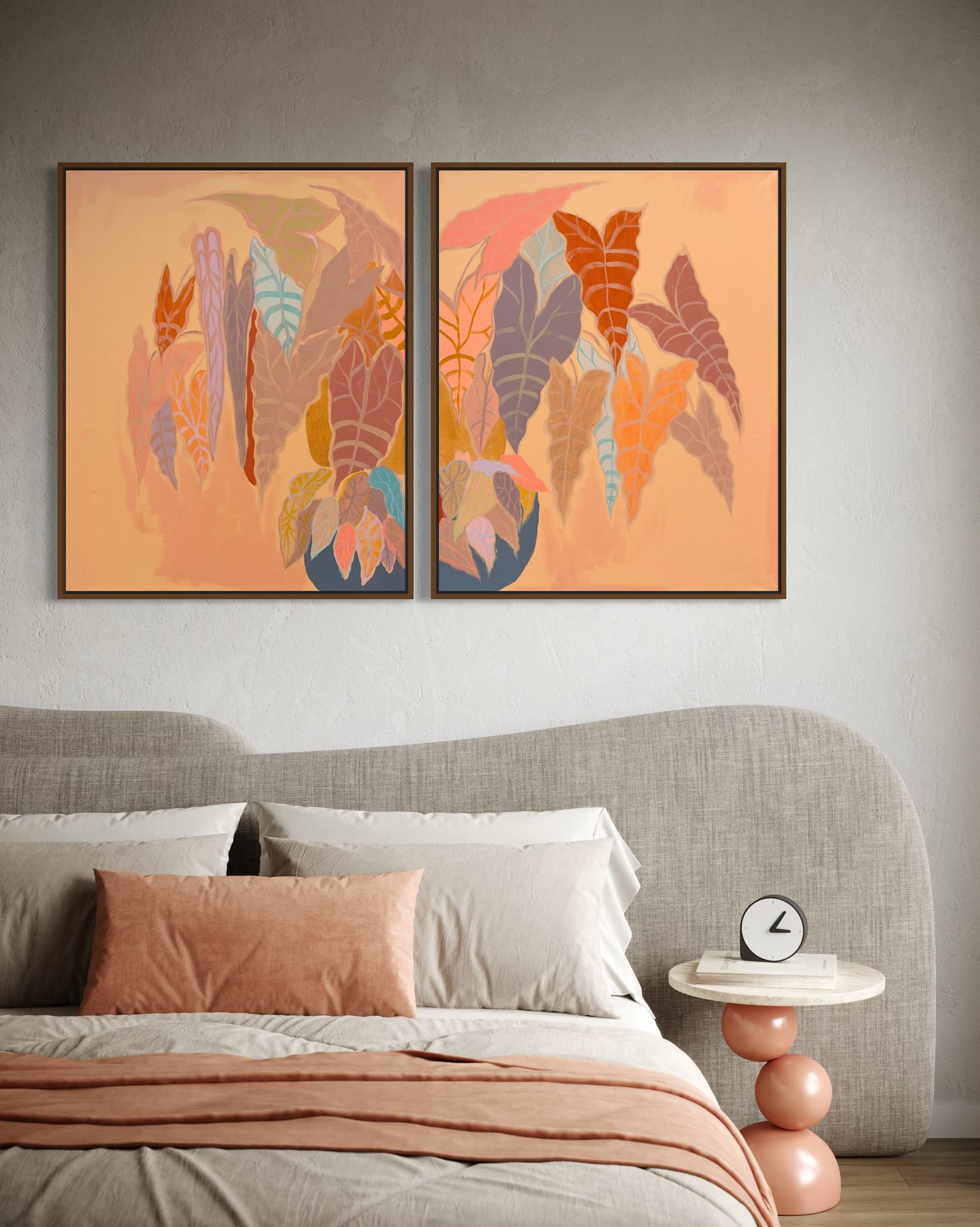 Burnt Coral Alocasia and Begonia diptych artwork by Kathryn Sillince, 83cm x 67cm, featuring vibrant plant illustrations.