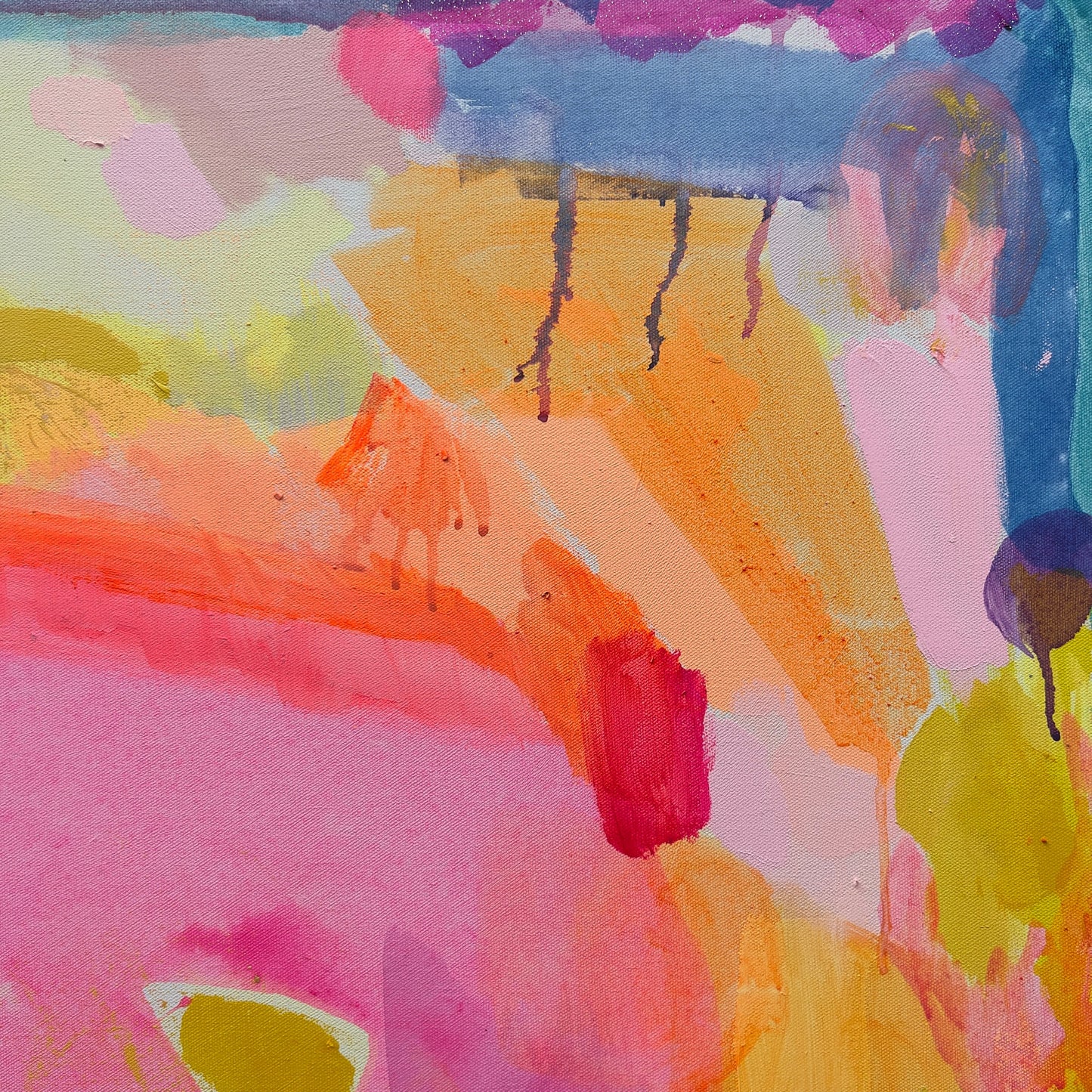 Close-up of Kathryn Sillince Artist's abstract artwork titled "A Beautiful Demeanour" on a 92cm x 92cm canvas.