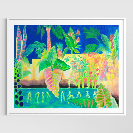 Nightfall Glowpool paper print by Kathryn Sillince Artist features a vibrant, glowing pool scene with rich colors and artistic details.