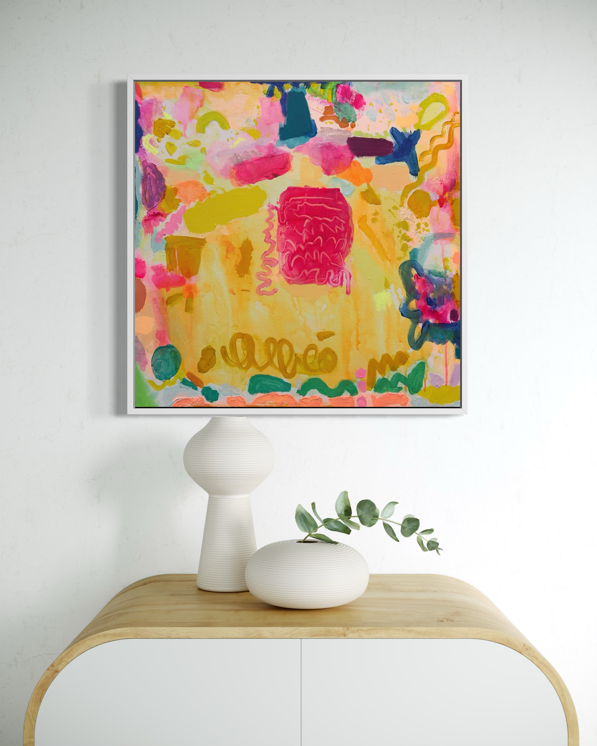 Colorful floral artwork titled 'Sweeties' by Kathryn Sillince Artist, 61cm x 61cm, featuring vibrant flowers and intricate details.