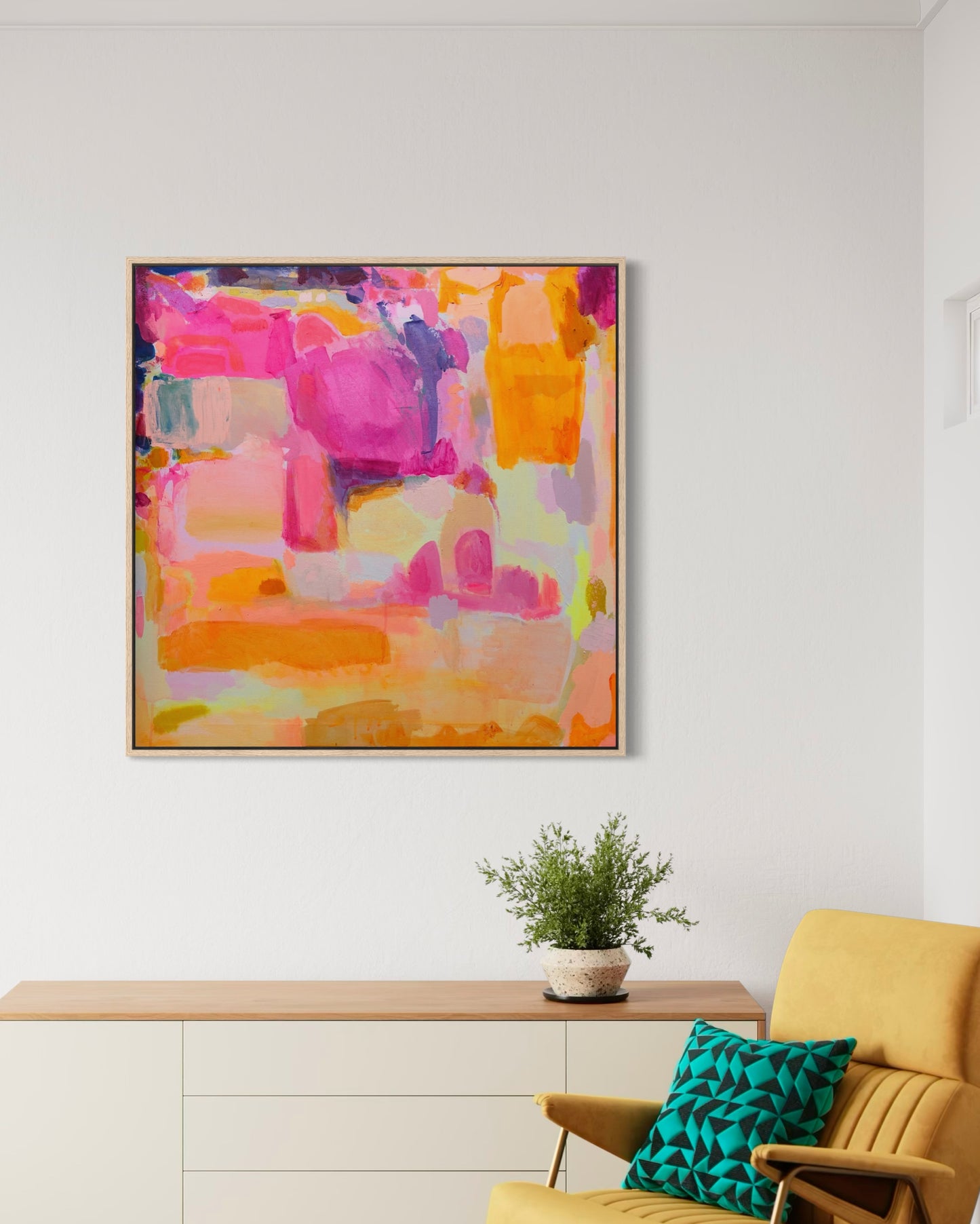 Sunbeams and Daydreams artwork by Kathryn Sillince, 92cm x 92cm, featuring a vibrant, dreamy abstract composition with bright colors.