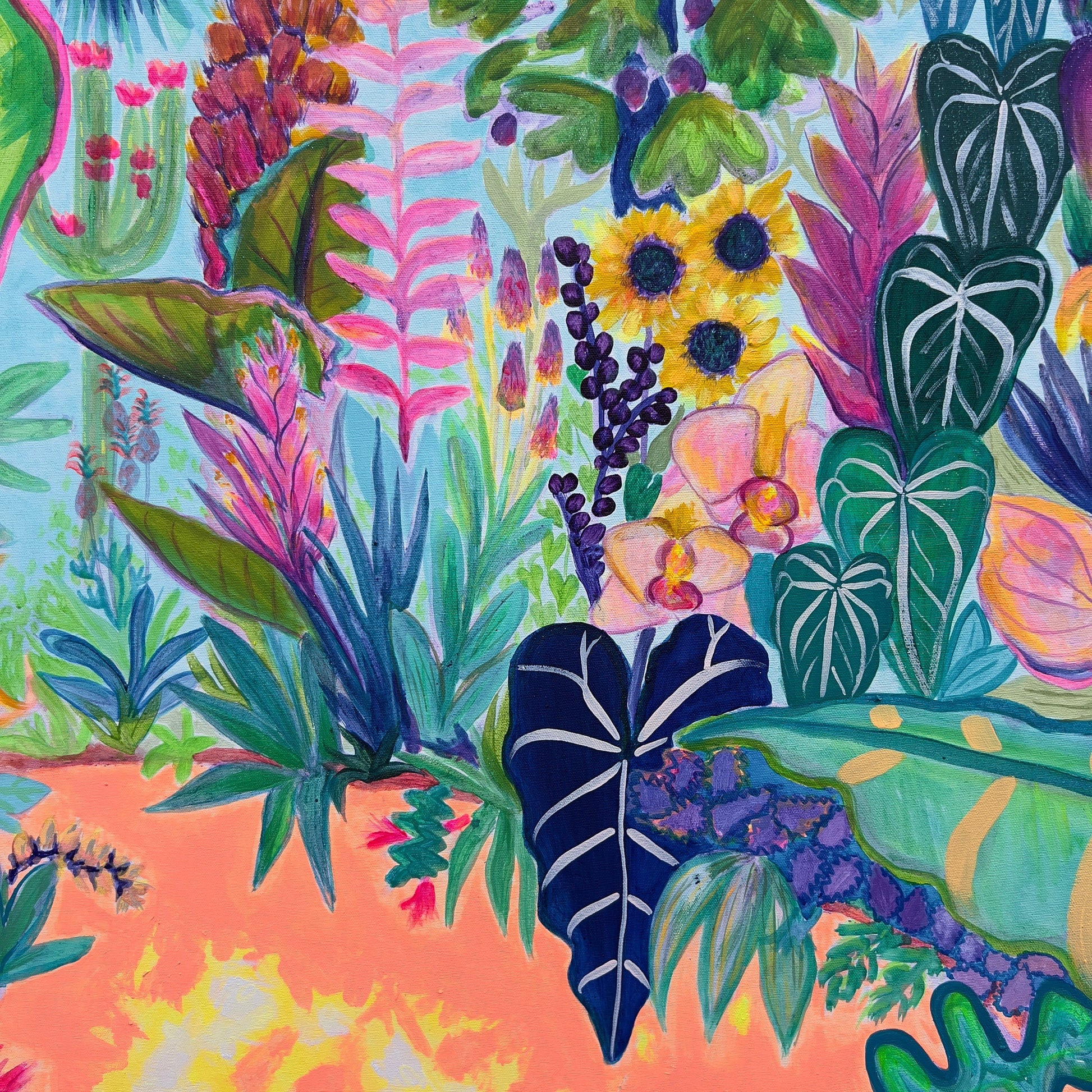Colorful floral artwork by Kathryn Sillince Artist titled 'Paradise Gardens', 122cm x 122cm, featuring vibrant garden scene.