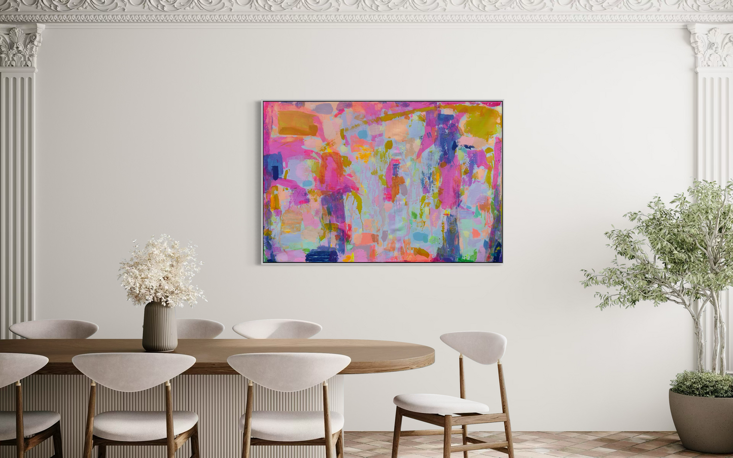 Colorful abstract painting by Kathryn Sillince Artist titled 'Everyday Happiness' measuring 153cm x 103cm, displayed on a wall.