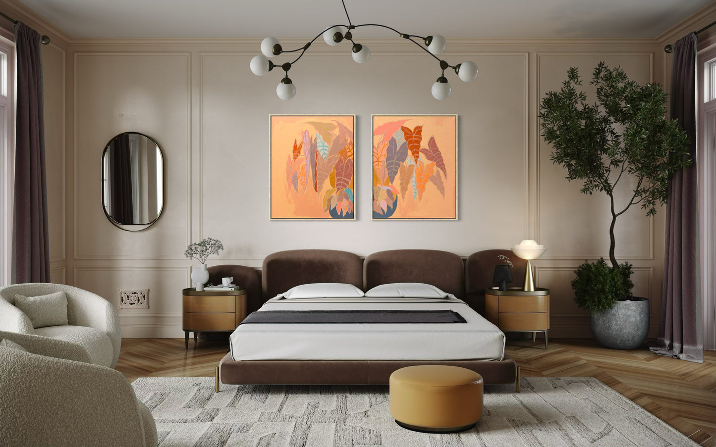 Botanical print set featuring peach Alocasia diptych by Kathryn Sillince Artist, showcasing vibrant tropical plant artwork.