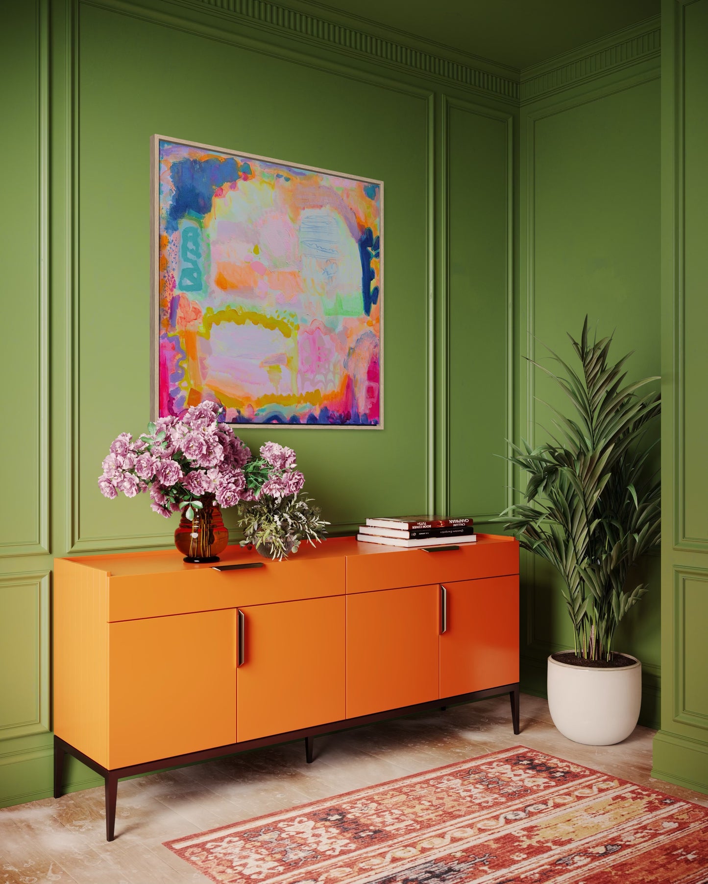 Elegant 80cm x 80cm abstract artwork by Kathryn Sillince Artist with vibrant colors and textured brushstrokes.