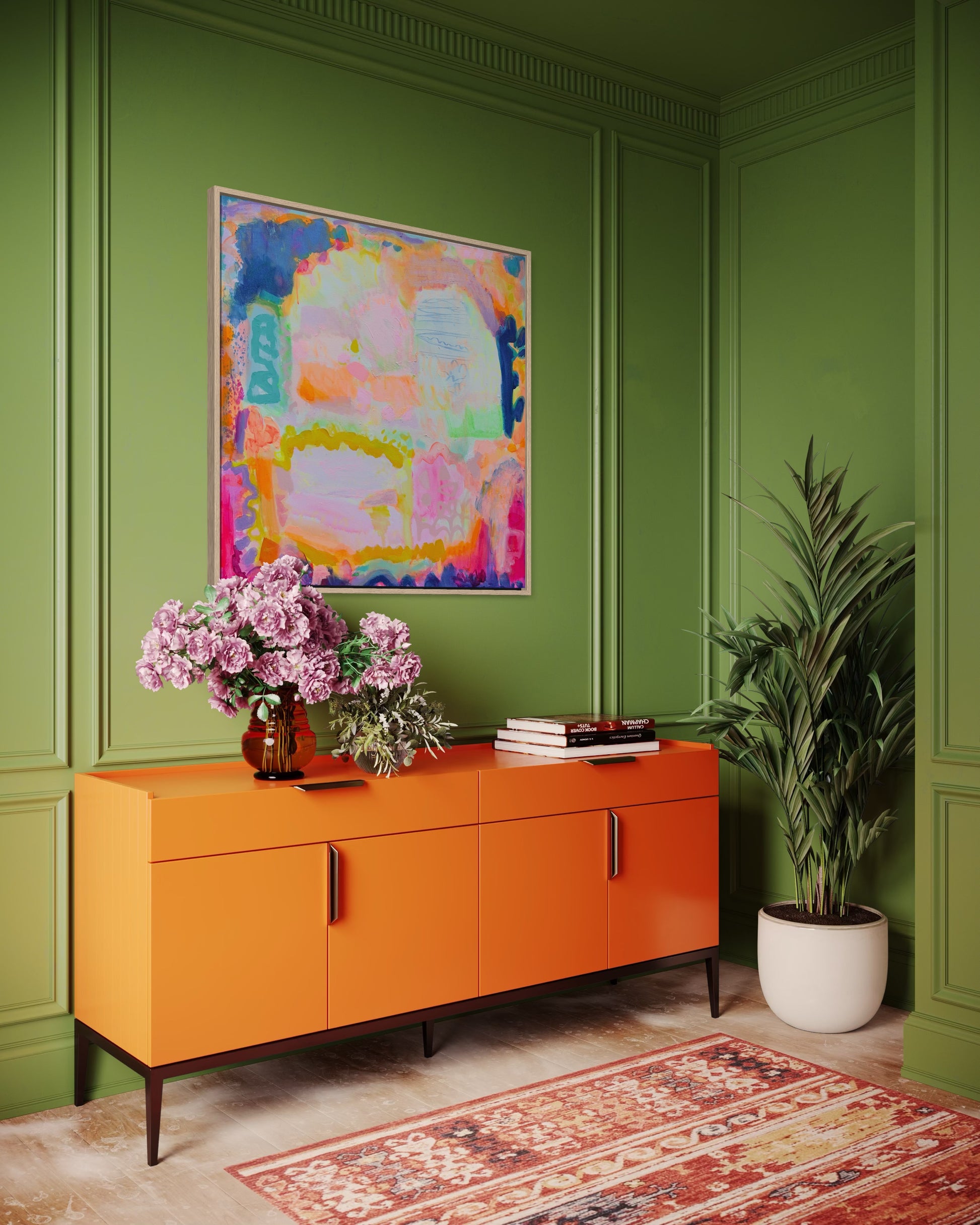 Elegant 80cm x 80cm abstract artwork by Kathryn Sillince Artist with vibrant colors and textured brushstrokes.