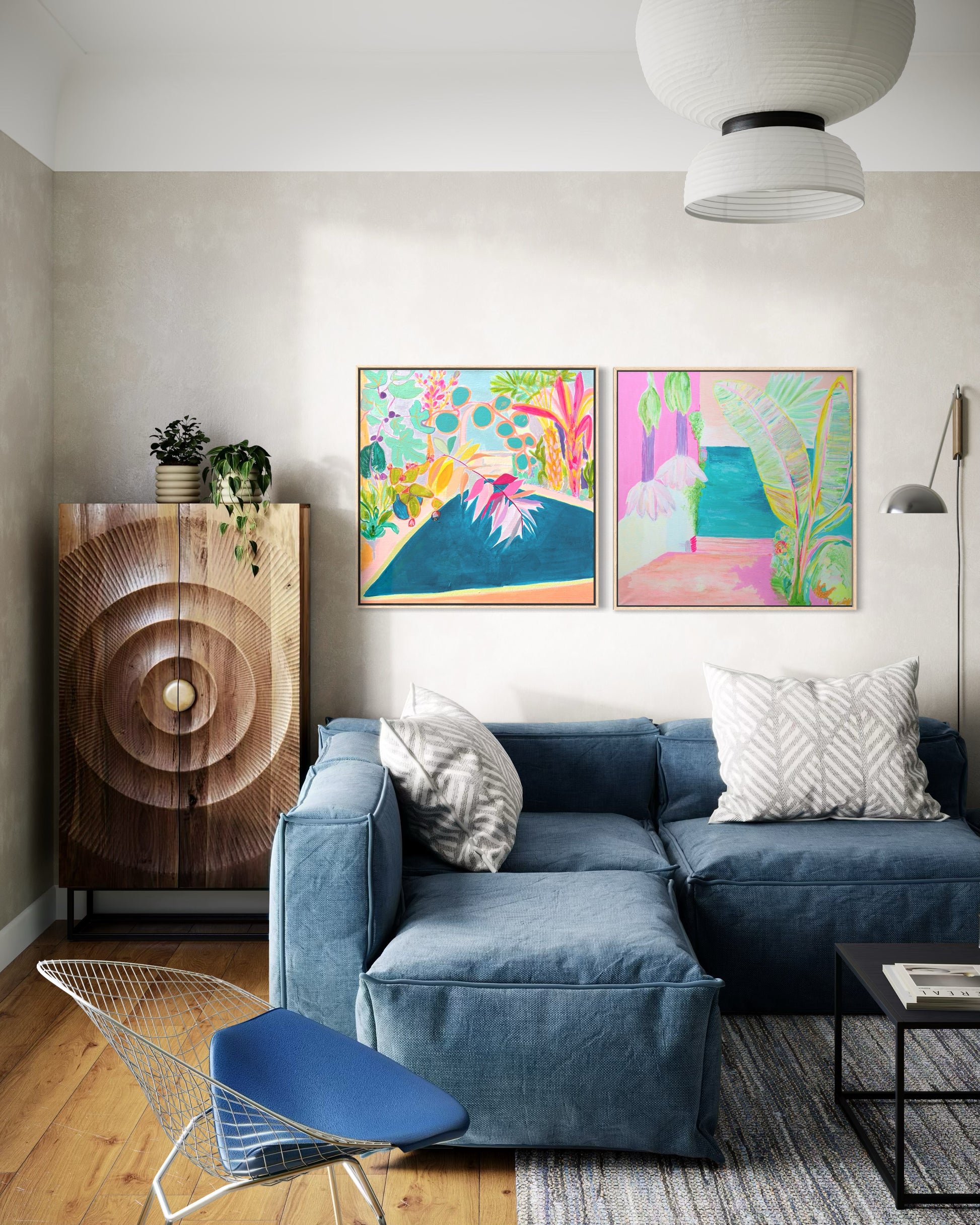 Botanical print set by Kathryn Sillince featuring "Endless Summer By The Pool" and "Vacation Anticipation" artwork, vibrant floral designs.
